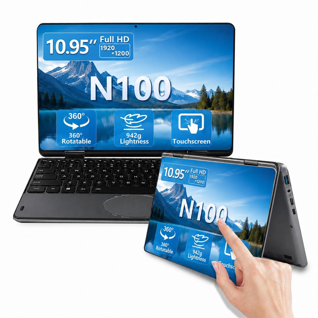11-inch Touchscreen 2-in-1 Convertible Laptop,Celeron N100(Up to 3.4GHz),Win 11,16GB DDR4,1920 * 1200 IPS,Backlit Keyboard,Side Button Power on,Oval Touchpad(Gray, 16GB+512GB SSD).