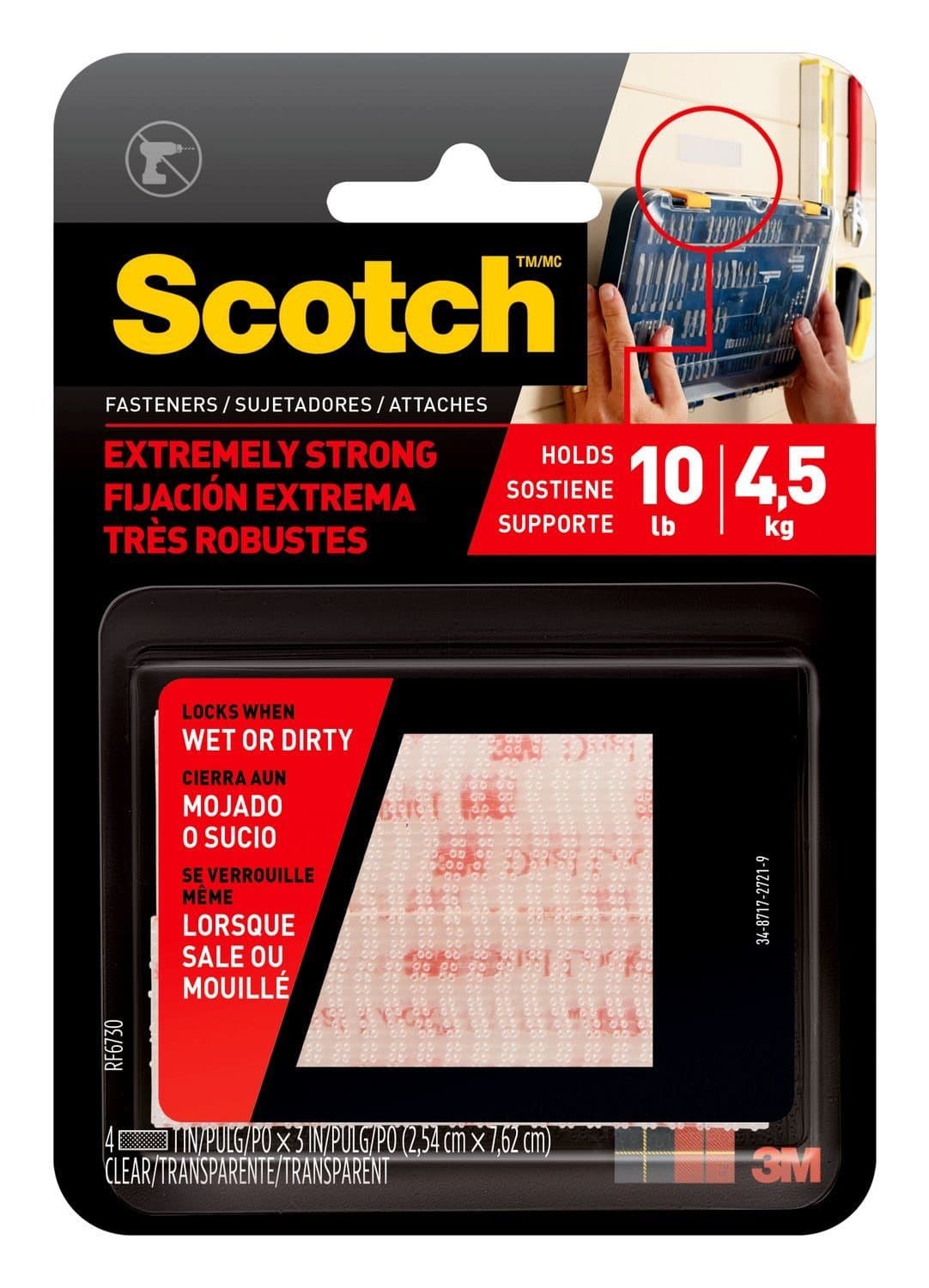 Scotch Mount Extreme Fasteners 1 in x 3 in (2.54cm x 7.62m) | 1 set holds 0.91 kg | Transparent color | Extremely Strong | Higher Adhesion | Multi-Surface | No Tools | 2 Sets (4 squares)/pack
