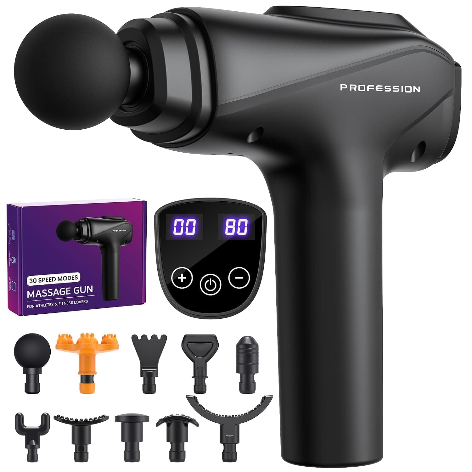 Massage Gun Deep Tissue Muscle Massager 30 Speeds | 10 Heads, Quiet Motor, LCD Touch Screen, Long Battery Life for Muscle Recovery, Back Shoulder Relaxation, Gift Set, Black