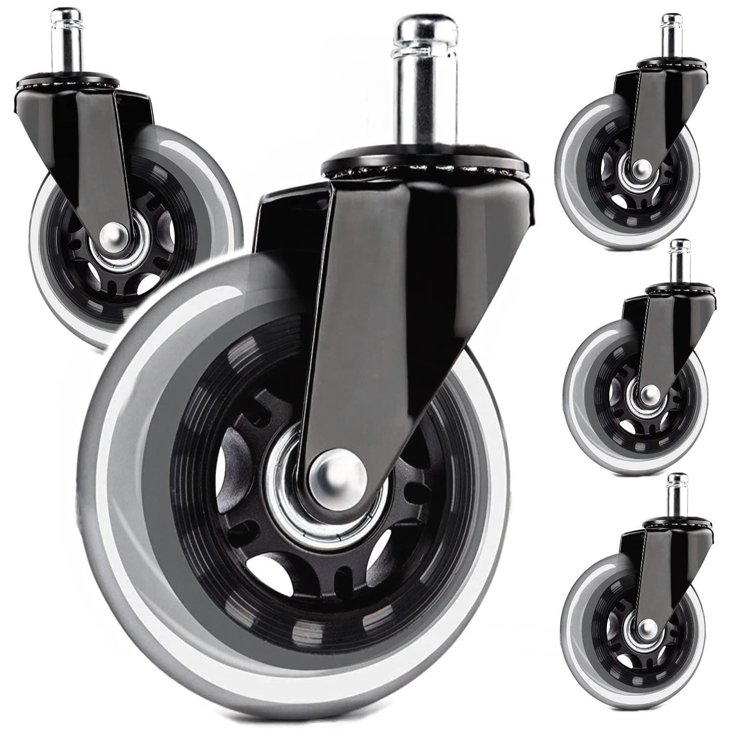 Office Chair Caster Wheels 3 Inch Universal Rollerblade Desk Chair Wheels Replacement Furniture Caster Set of 5 Smooth Durable Silent Heavy Duty Black