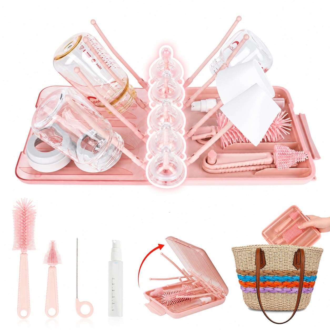 Portable Baby Bottle Brush Set, 6-in-1 Travel Bottle Cleaning Kit with Silicone Brush, & Straw Cleaner, Soap Dispenser, Drying Rack & Storage Case – Compact Baby Essential for Home & On-The-Go