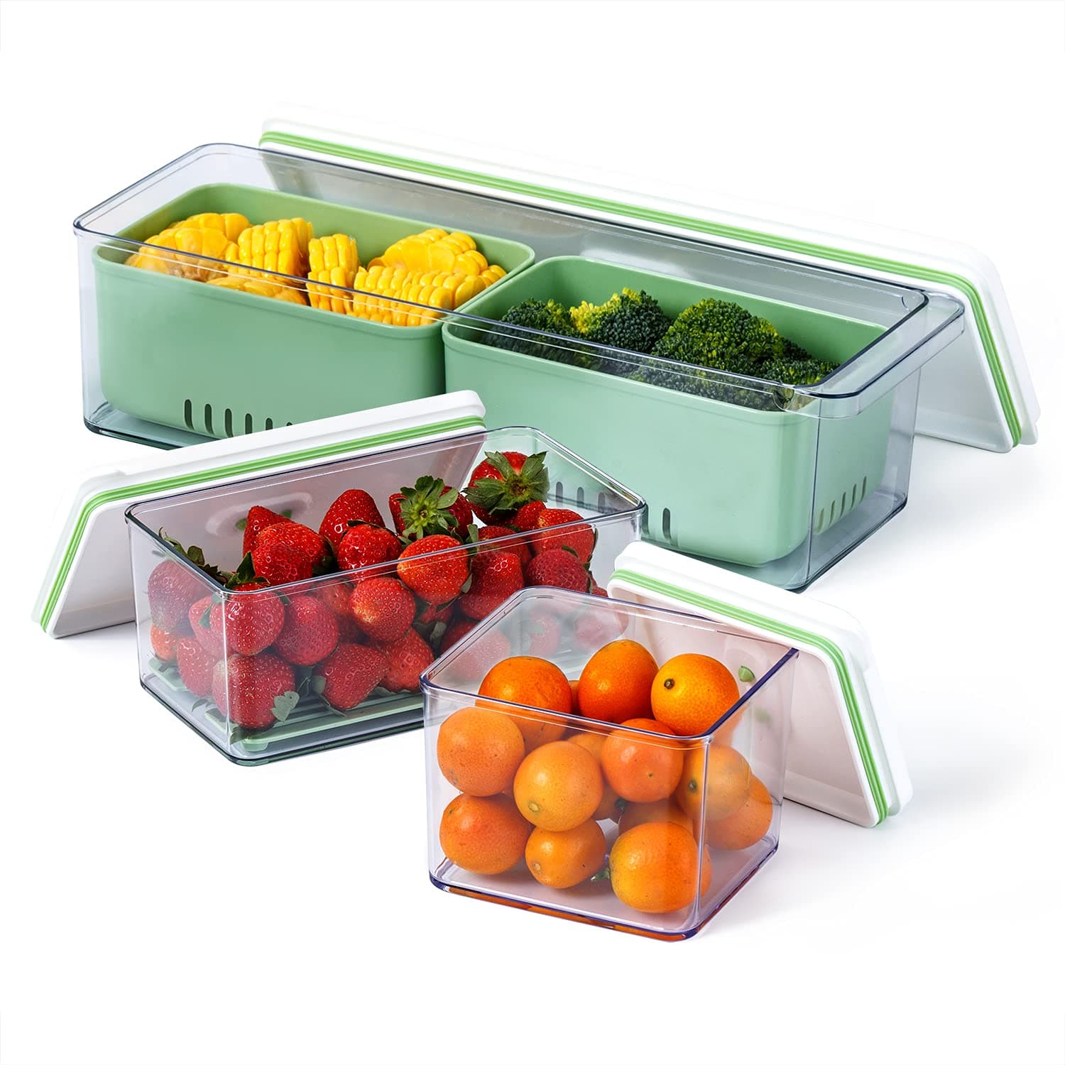 Lille Home Stackable Product Saver 4500ml Organizer Container with Removable Drain Tray, Set of 3, for Refrigerators, Cabinets, Countertops and Pantry, BPA Free (Green)