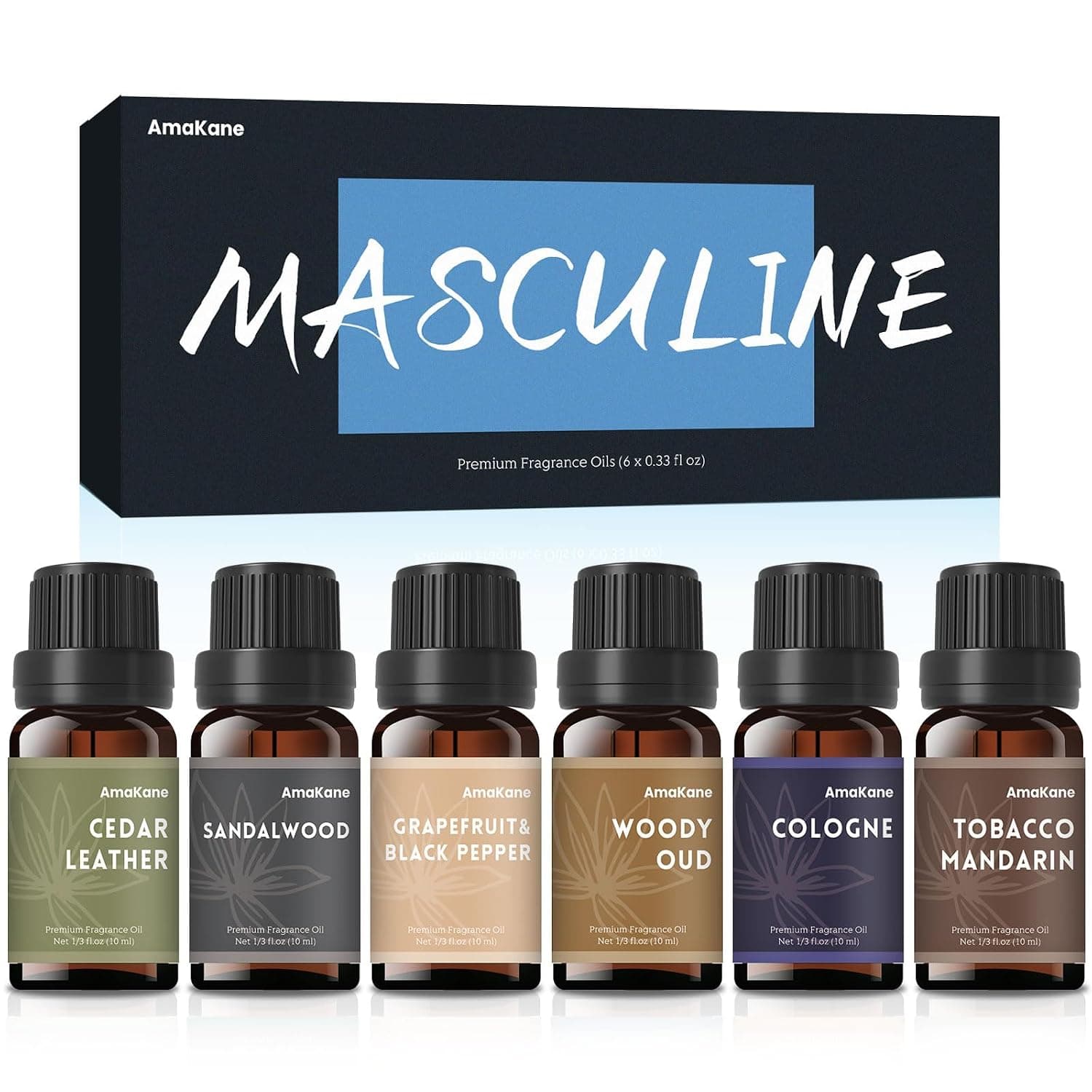 AmaKane Masculine Fragrance Oils, Mens Essential Oils, Soap & Candle Making Scents, Fragrance Oil Perfume, Diffuser Oils Scents for Home 6x10 ml, Sandalwood, Cedar Leather, Woody Oud and More