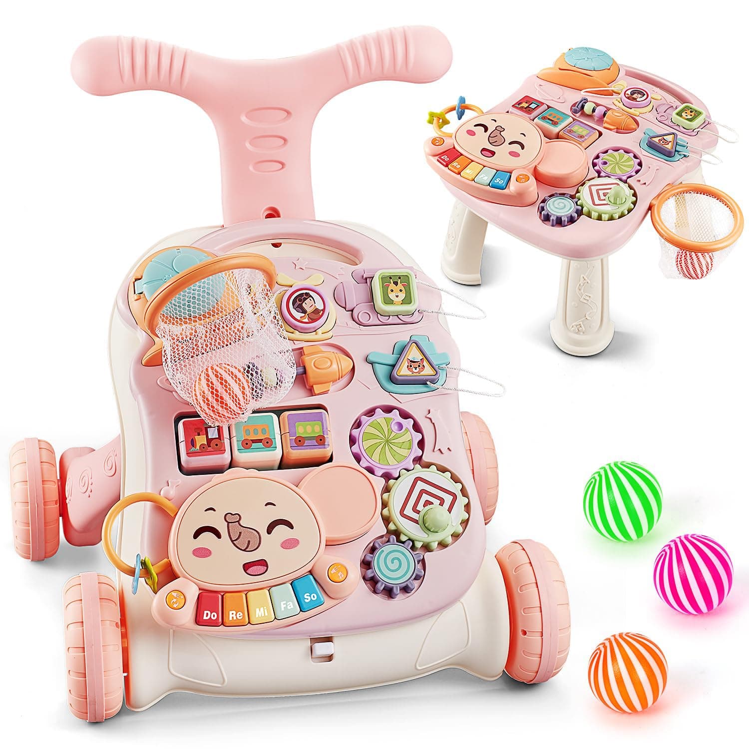 3 in 1 Baby Push Walker and Activity Center for, Sit to Stand Walker for Babies 12 months and up, Walking Toys with Music Panel for Infants and Toddlers Learning to Walk Pink
