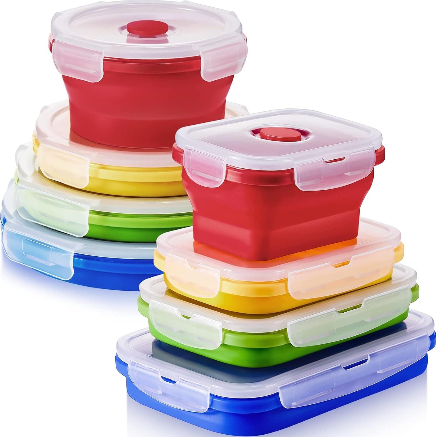 8 Pcs Collapsible Food Storage Containers, 4 Rectangular & 4 Round Foldable Lunch Bowls with Lids & Air Vent, Silicone BPA Free Colorful Food Boxes Microwave Freezer Dishwasher Safe for Kitchen Meal