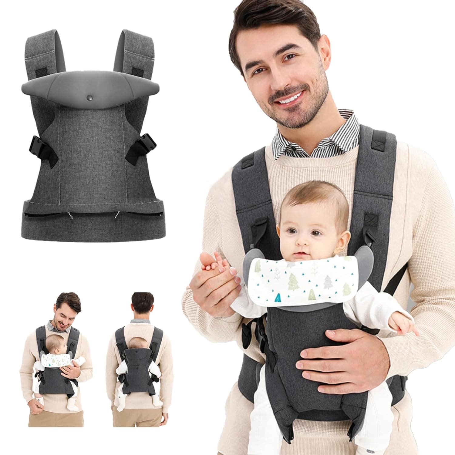 Baby Carrier Newborn to Toddler, Cozy Baby Wraps Carrier, 3-in-1 Carrier - Ergonomic Newborn Carrier with Head Support Drool Dib, convertible, face in and face out front and back care (light gray)