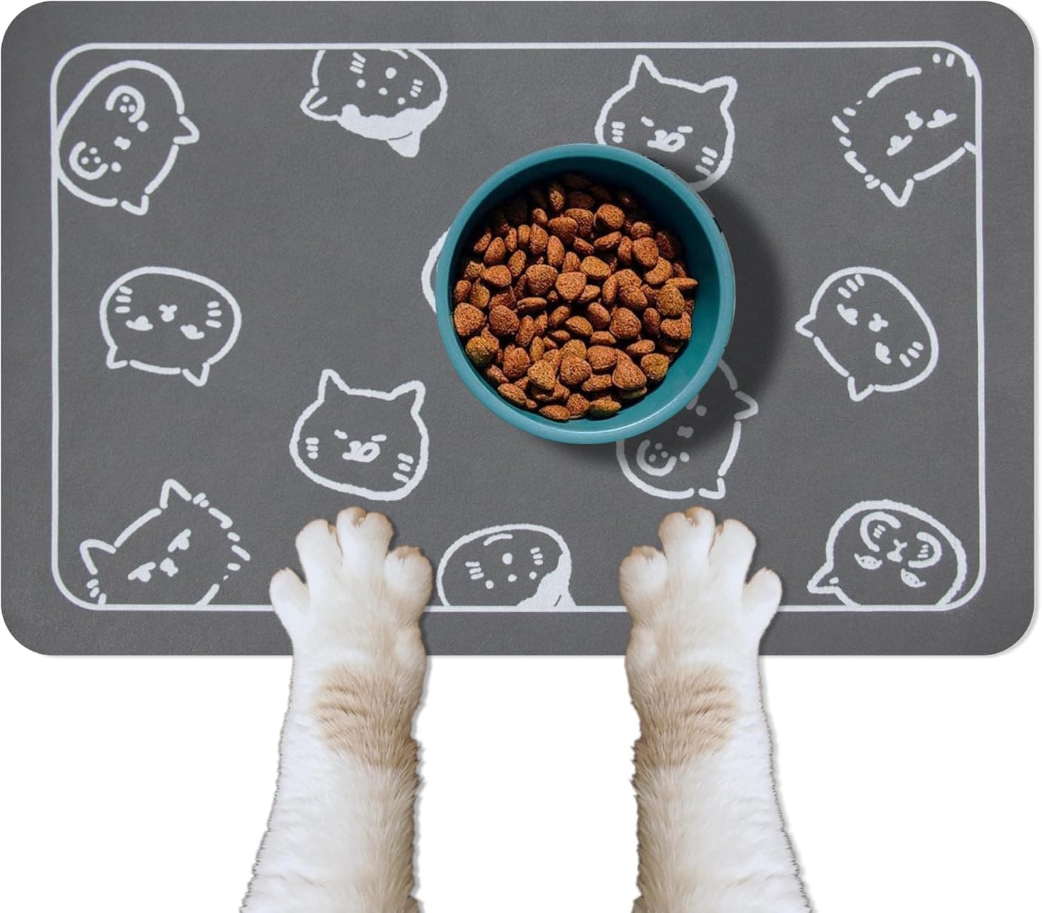 Tazweeq Cat Dog Food Mat, 30 x 50 CM Dark Grey, Multiple Cat Heads Logo, Non-Slip Super Absorbent, Quick Dry Pet Feeding Mat for Food and Water Bowls, Dog Cat Bowl Mat, Pet Supplies
