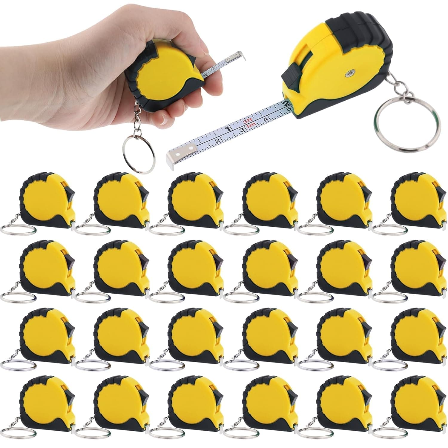 24 Pcs Mini Tape Measure Keychains, 3Ft/1m Retractable Functional Small Measuring Tapes Keychain with Stable Smooth Lock, Portable Pocket Construction Tape Ruler, Easy Read Metric & Inch (Yellow)