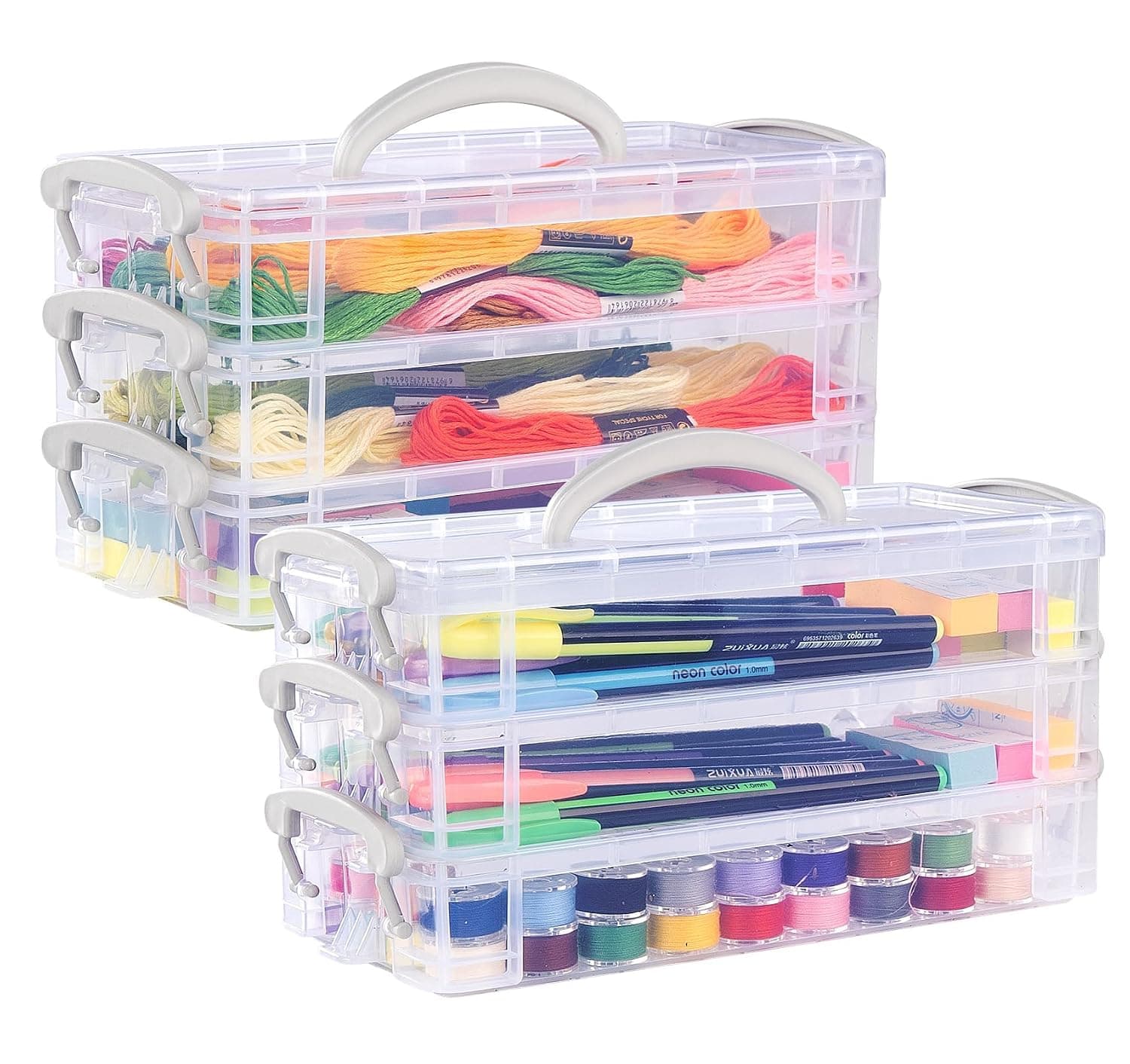 Storage Box with Handles, 2 x 3 Tier Clear Plastic Storage Box with Lid, Pen Drawing Tools Container Lid, Portable Pencil Case for Art & Craft Toys, Sewing Accessories