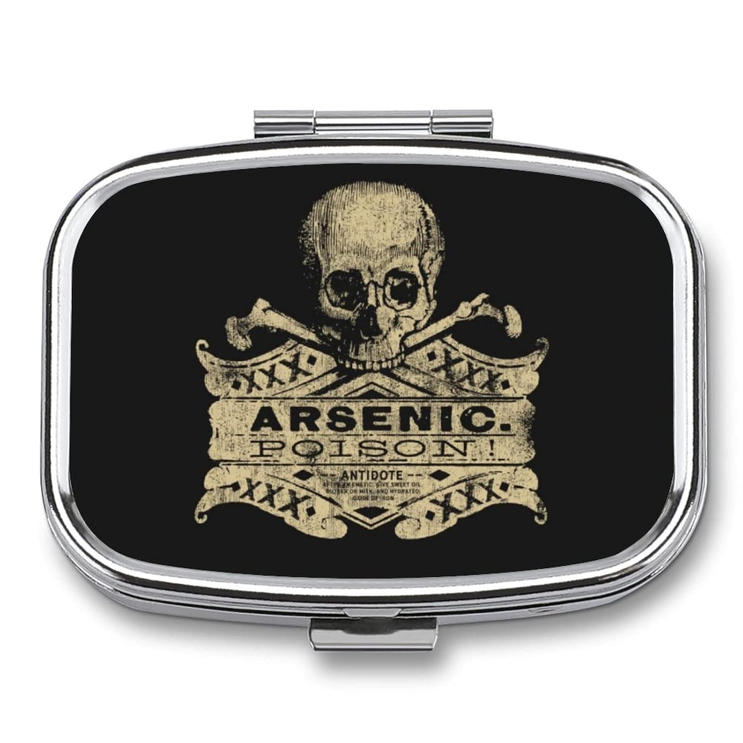 Metal 2 Compartment Pill Organizer Travel Friendly Portable Compact Pill Box Cute Pill Case to Hold Vitamins/Fish Oil/Supplements/Meds/Tablet for Purse/Pocket (Arsenic Poison)