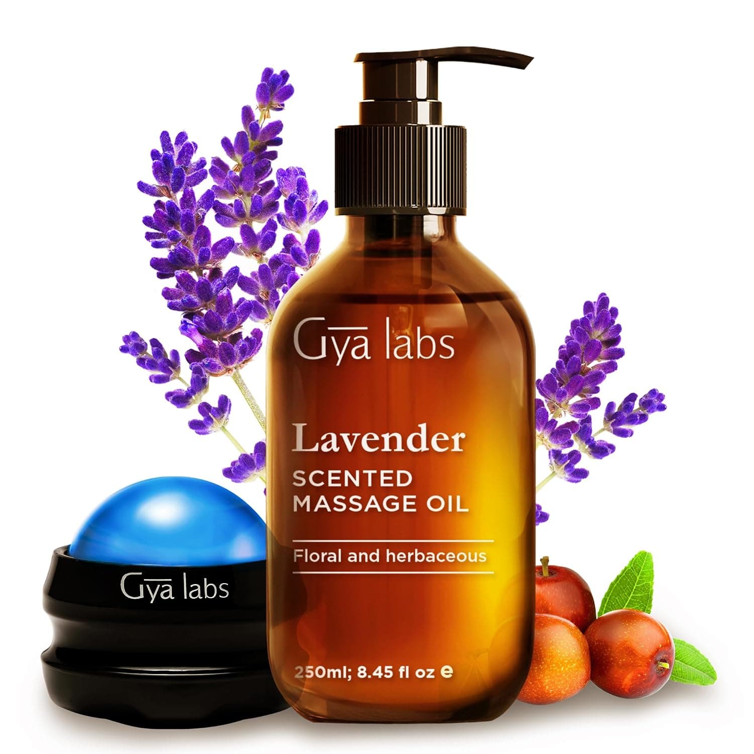 Gya Labs Lavender Relaxing Massage Oil - 8.45 Fl Oz - with Roller Ball | body oil for massage therapy, Fast-Absorbing Spa-Quality Blend for Skin & Muscle Relaxing - Calming, Aromatic Self-Care