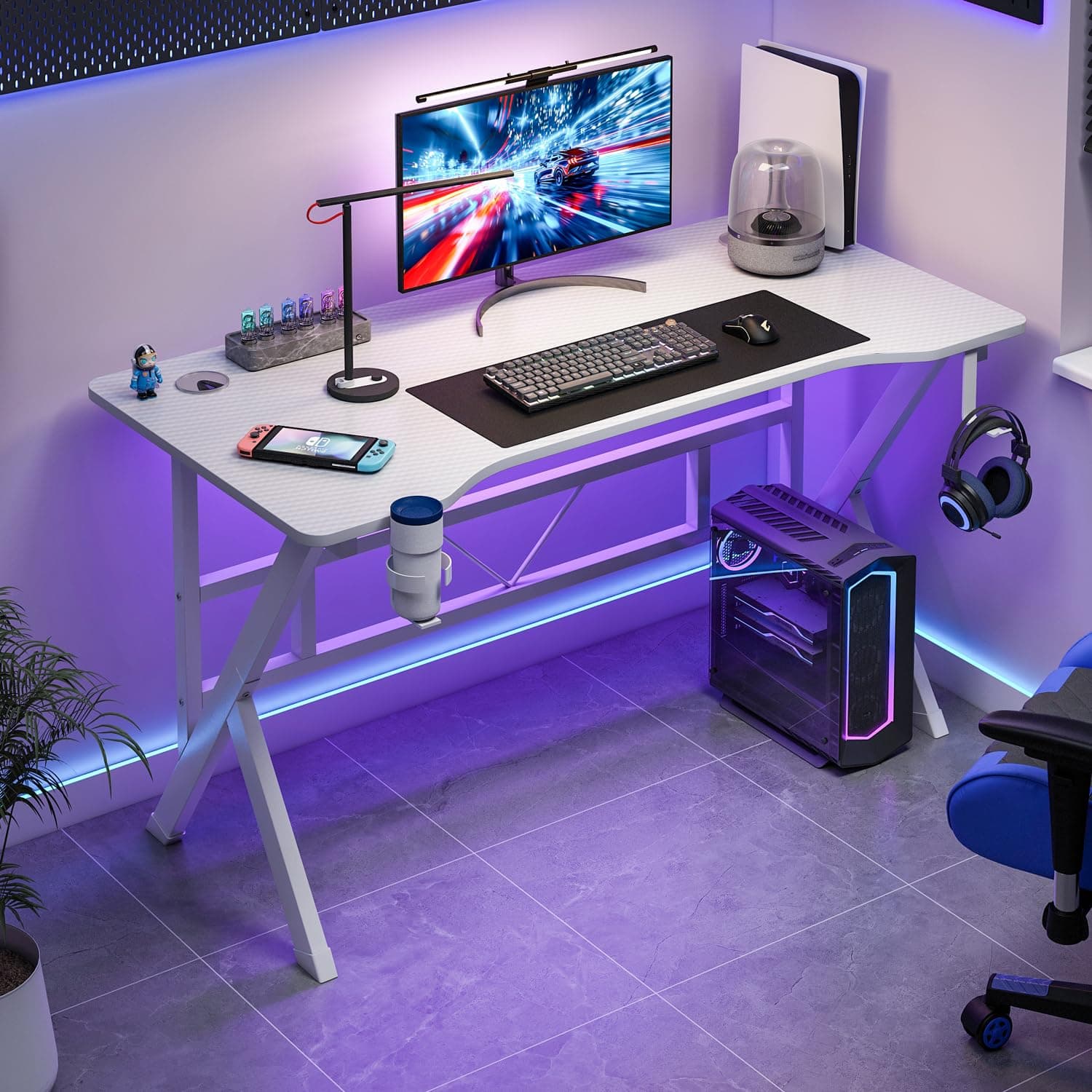 K-Shaped Gaming Desk Carbon Fiber Surface Office Desk with 2 Cable Holes, Study Desk with Cup Holder for Gamers Gaming Table (White, 110 * 52 * 75cm)