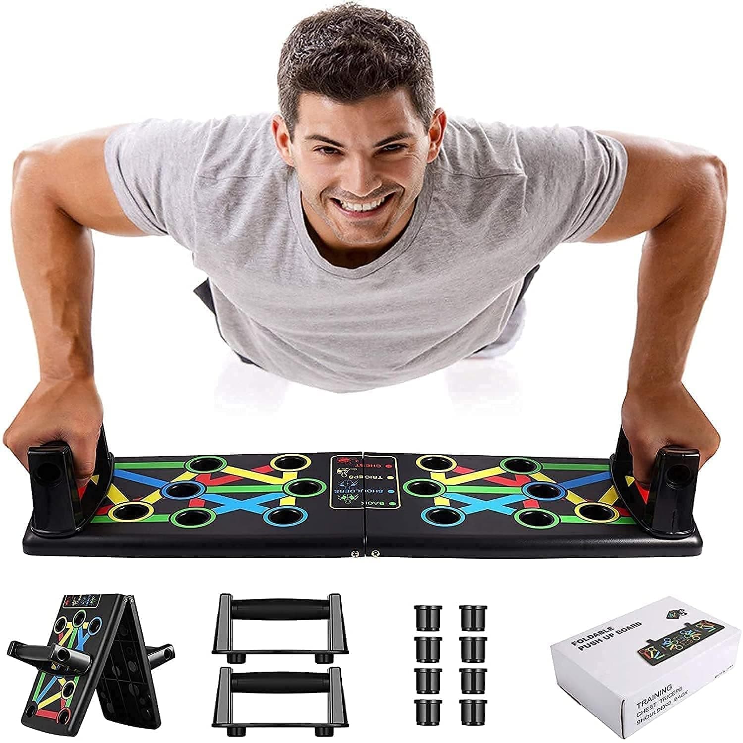 Aputue Push Up Board, Foldable Strength Training Equipment for Home Gym, Multi Functional Fitness Exercise System with Non Slip Handles, Color Coded Workout Rack for Chest Shoulders and Back