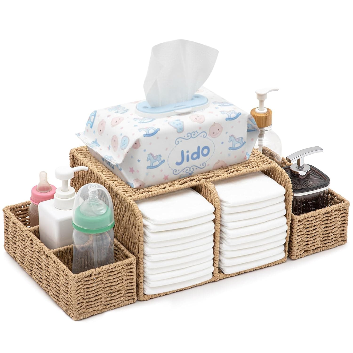 Large Wicker Diaper Caddy Changing Table Organizer, Khaki, Paper | Detachable Modular Diaper Caddy for Nursery, Woven Diaper Storage Dispenser Basket for Nursery Diapering Baby Essentials Gift