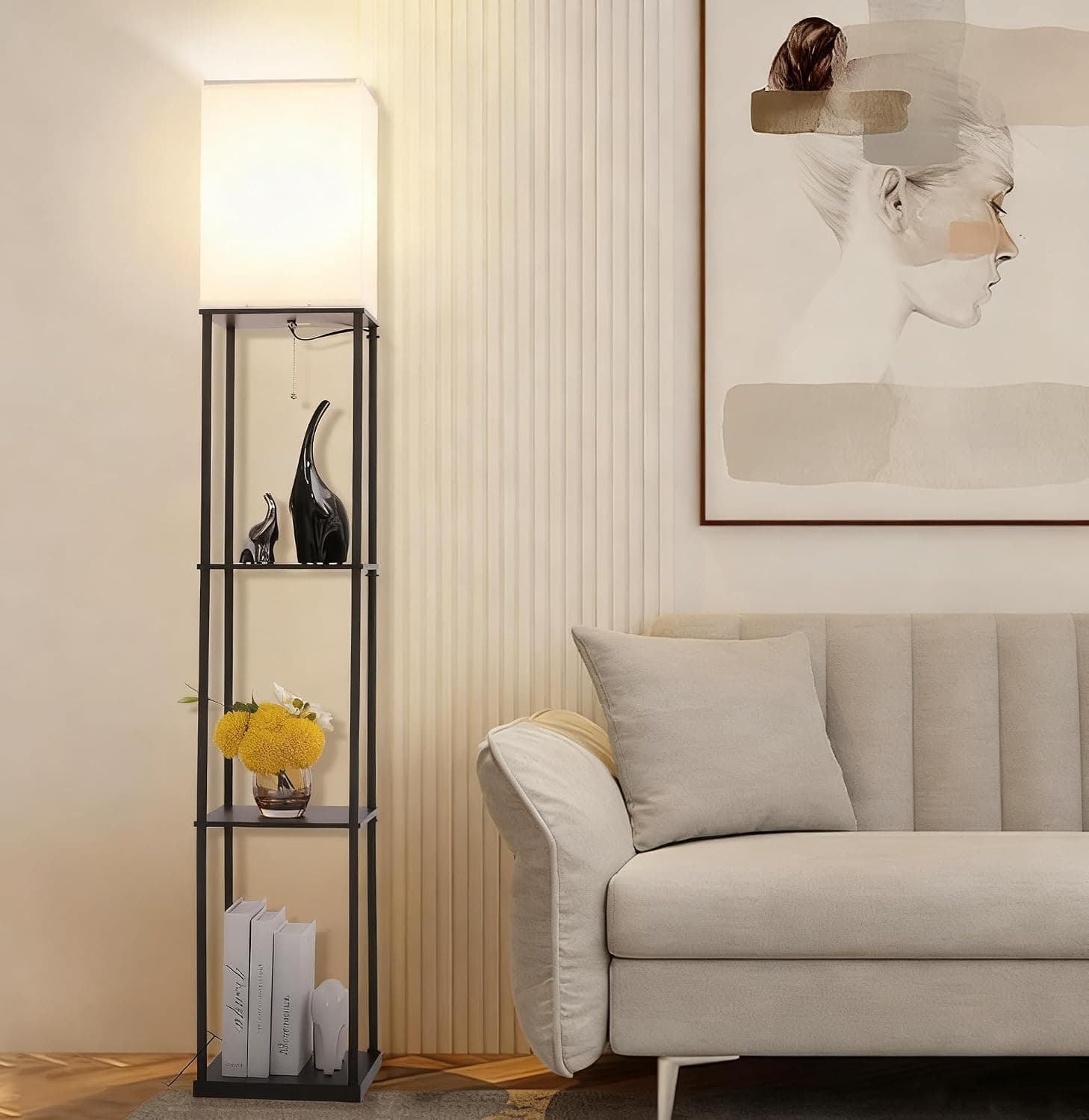 Floor Lamp with Shelves, Modern Square Standing Lamp with 3 Color Temperature Bulb, Corner Display Bookshelf Lamp with White Linen Shade, Shelf Floor Lamp for Living Room and Bedroom