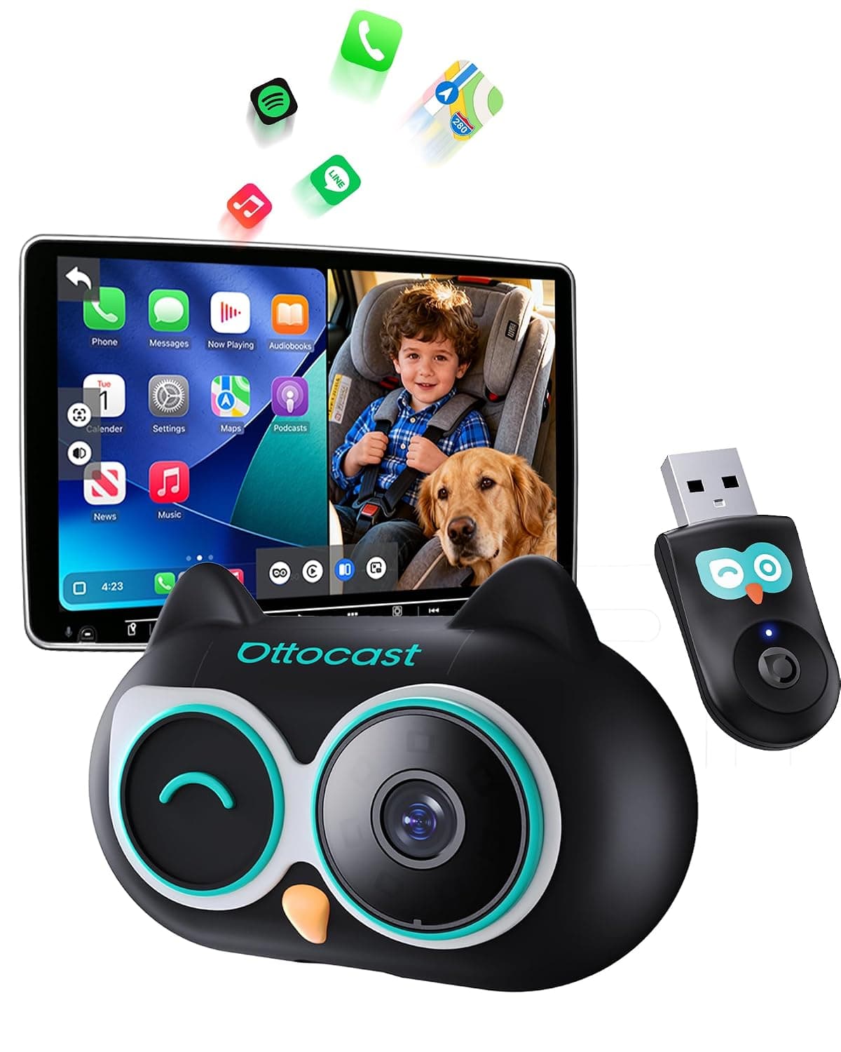OTTOCAST Cabin Care Car Adapter with Baby Car Camera, Wireless CarPlay Display on CarScreen 2026, Plug-and-Play 1080P HD Rear Seat Baby Monitor, Split Screen Navigation, for Parents & Pet Owners