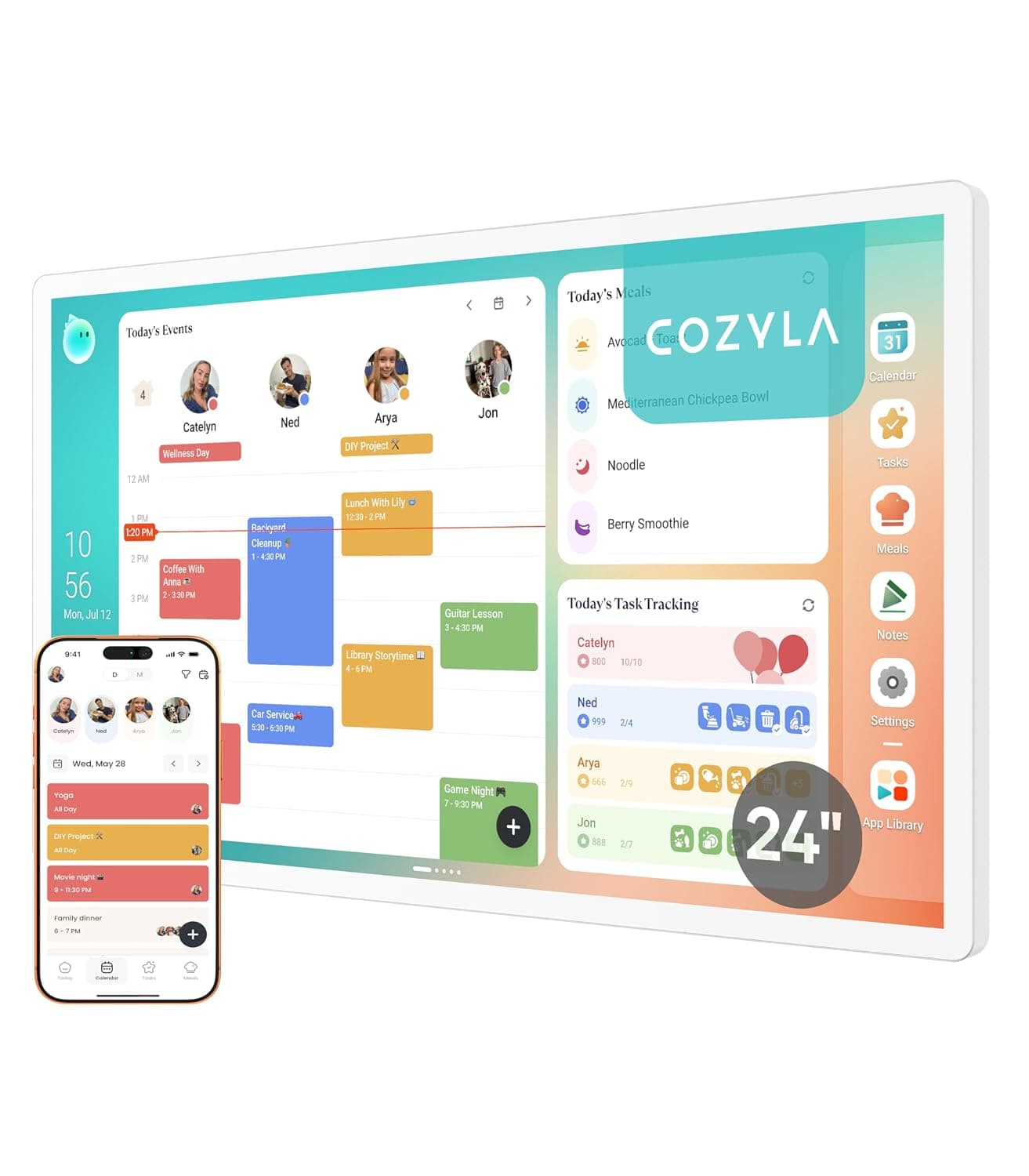 Cozyla Calendar Plus 2: 24" Smart Digital Calendar with Google Play Store | Customizable Dashboard, Electronic Touch Screen Wall Planner with Voice Agent, Chore Chart&Reward, Meal Planner & Wall Mount