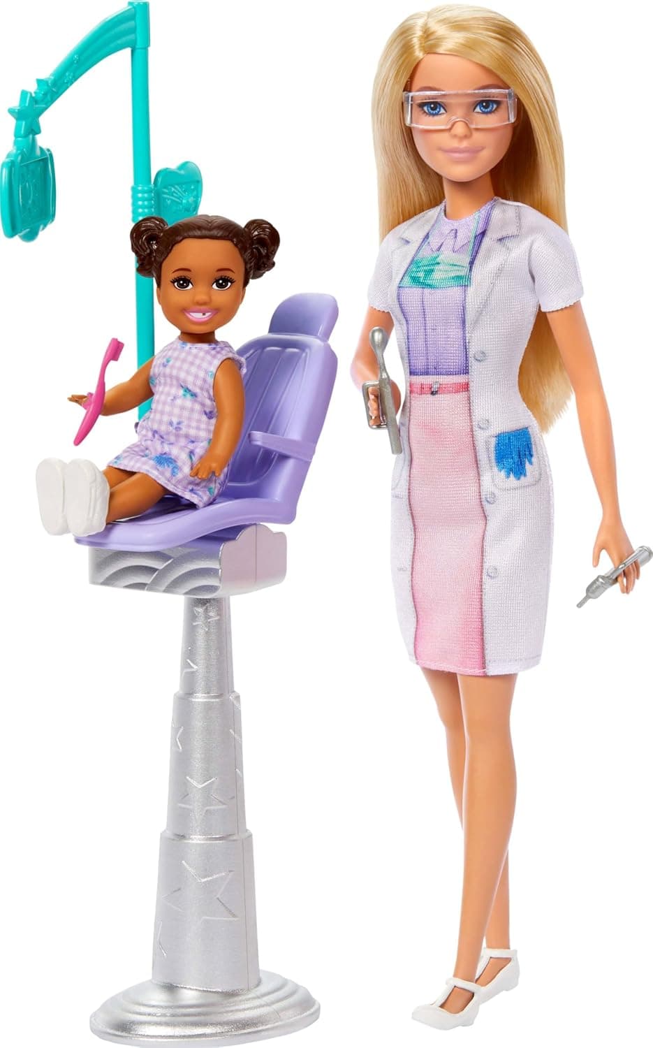 Barbie Dentist Doll, Fashion Doll with Blonde Hair, Blue Dress and Lab Coat, 1 Children's Doll, Examination Accessories and Matching Accessories, JCR74