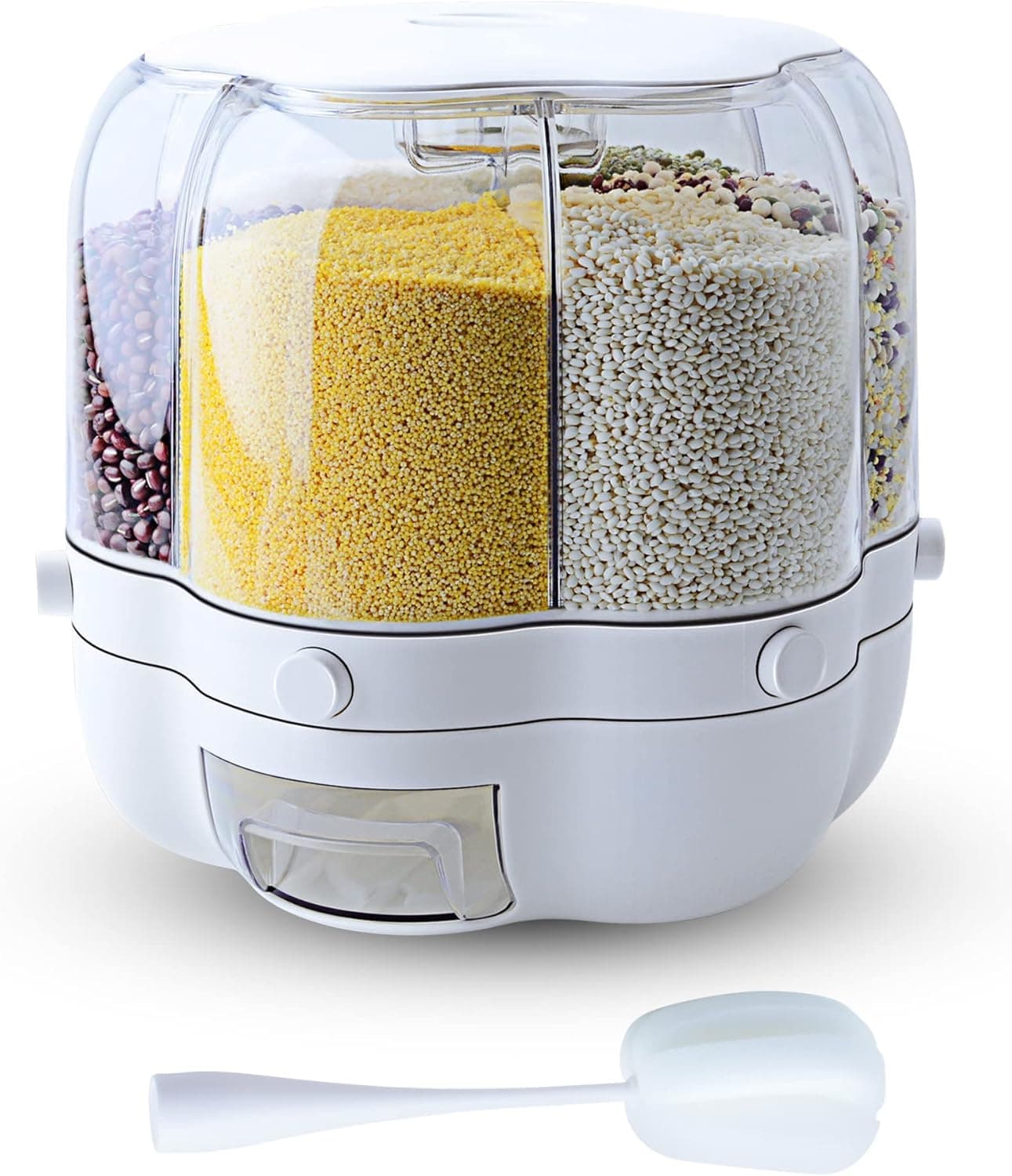 6-Grid Rotating Grain Dispenser Airtight Dry Food Storage Container One-Click Output for Rice Beans Cereals Kitchen Organization Home Use Durable Plastic Multi-Compartment Space-Saving Design