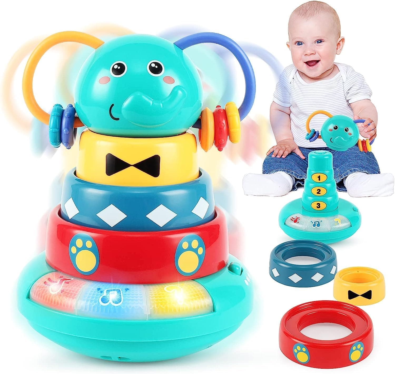 Soofam Music Toys for Babies 6-12 Months, Interactive Elephant Music Roly-Poly w/Stacking Ring Rattle Toy,Montessori Sensory with Early Educational Learning Stacking Tower Toy,1st Birthday Gift