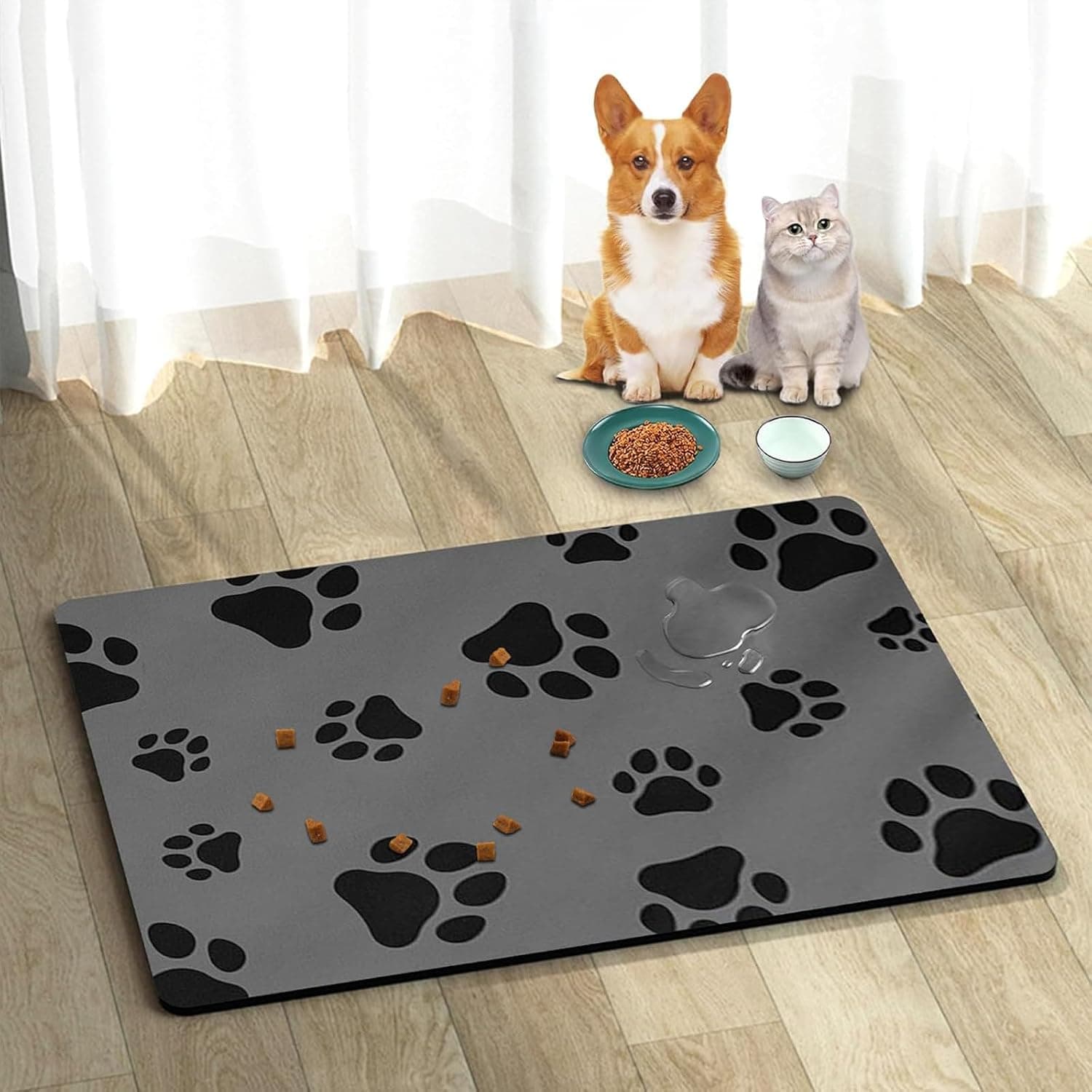 Pet Placemat Pets Food Mat Waterproof Non-Slip Anti Spills Protects Floors Pet Feeding Mat for Floor Dog Water Bowl Tray Cushion Cat Foods Mats for Medium, Small Pet (Black, 30x40cm)