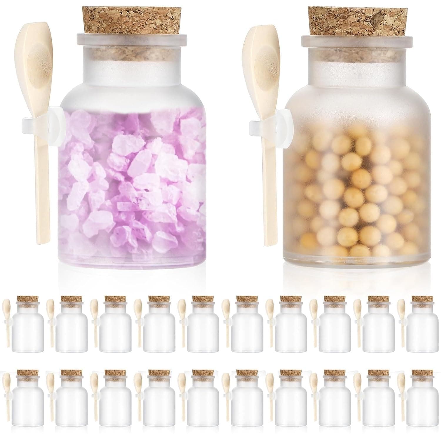 4Pcs Empty Clear Cork Lid Plastic Jar Bulk Bath Salt Jars With Small Jars with Spoons, 3.4 oz Mini Clear Food Storage Containers Kitchen Canisters Wedding Birthday for Candy Spices Honey Tea Coffee