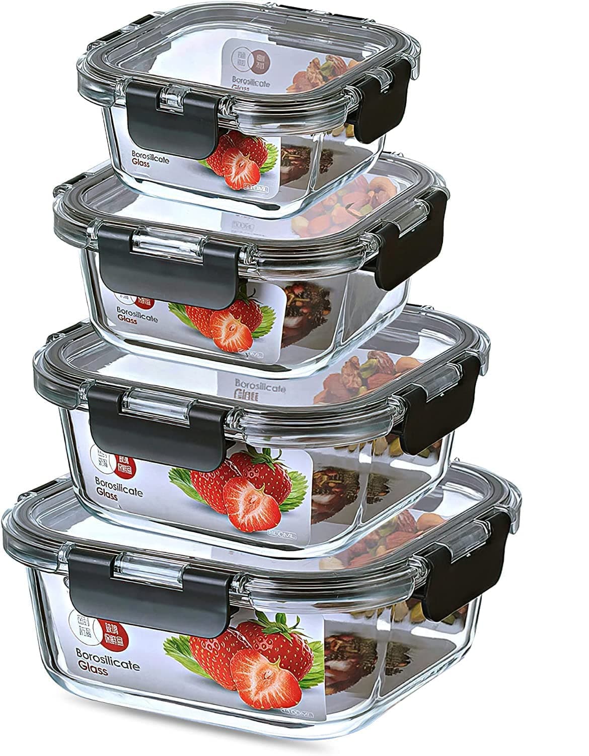 Wemart Glass Food Storage Containers with Locking Lids - Glass Meal Prep Containers with Lids - Lunch Bento Boxes - 1 Compartment - 4pk Box Set - Transparent Lids - BPA Free and Dishwasher Safe