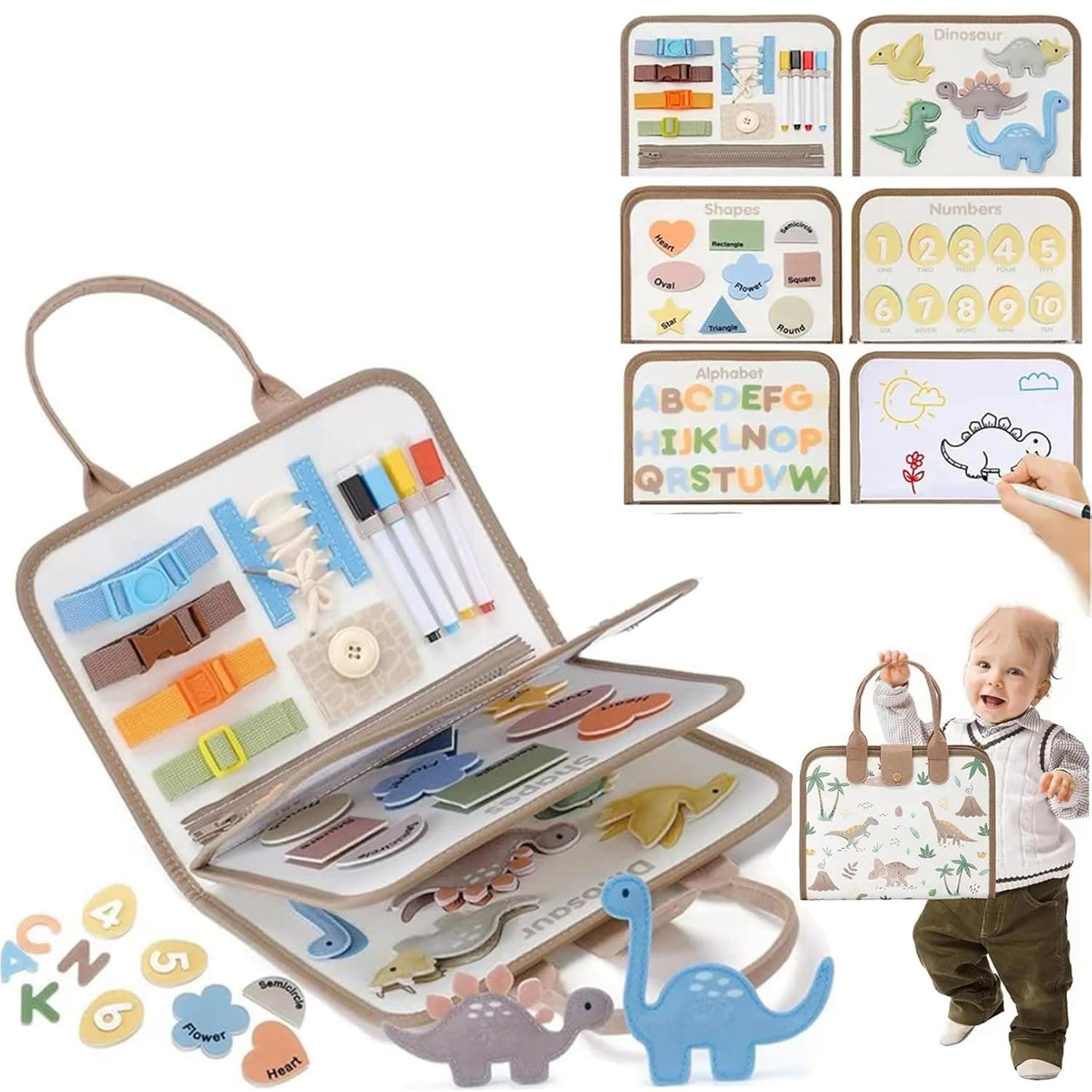 Andanna Toddler Busy Board Montessori Toys, Sensory Board Educational Activities for Learning Fine Motor Skills, Gifts for Girls Boys Toddlers, Travel Toys for Airplane Car(Grey P6)