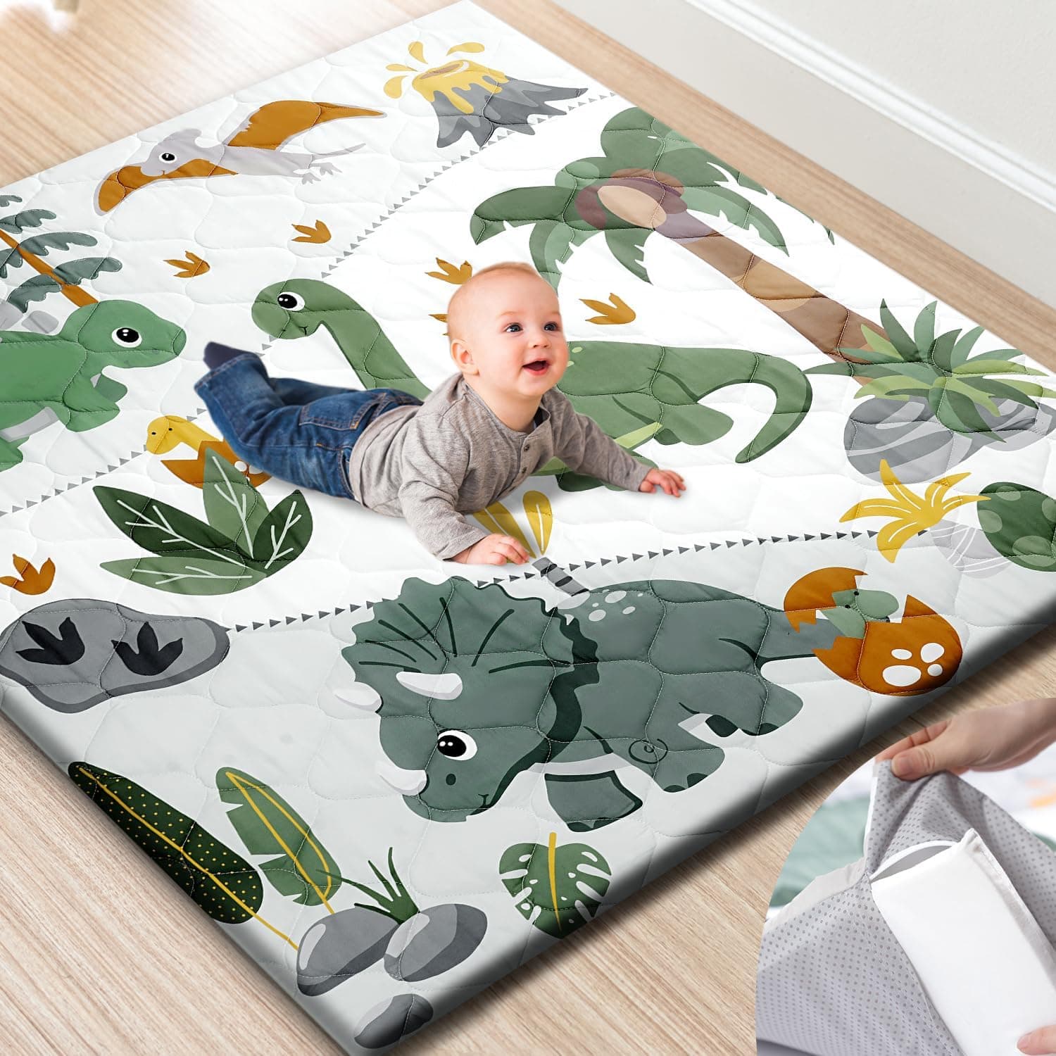 Premium Foam Baby Play Mat 50x50 – Removable & Machine Washable Cover, Extra Thick Padding Playpen Mat, Non-Slip Crawling Mat, Easy to Clean for Infants, Toddlers & Babies (Dino Land)