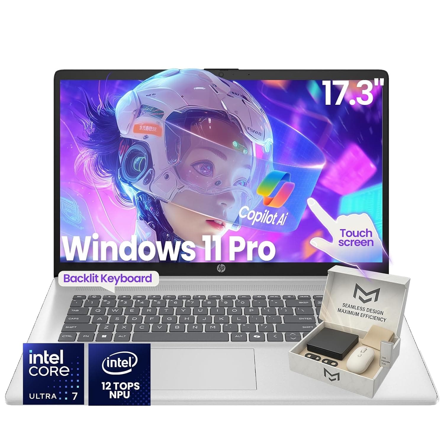 HP 17-inch Touchscreen Business Laptop - Intel Ultra 7 255U | AI Boost 12 NPU Tops | HD+ Display · Backlit KB | Secure Privacy Camera | Win 11 Pro · w/Accessory | 32GB DDR5 | 1TB SSD