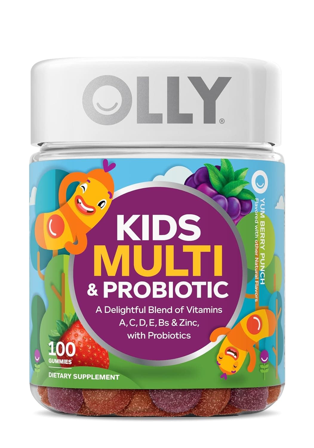 OLLY Kids Multivitamin & Probiotic Gummy, Digestive Support, Vitamins A, D, C, E, B, Zinc, Chewable Supplement, Berry Flavor, 50 day supply - 100 Count