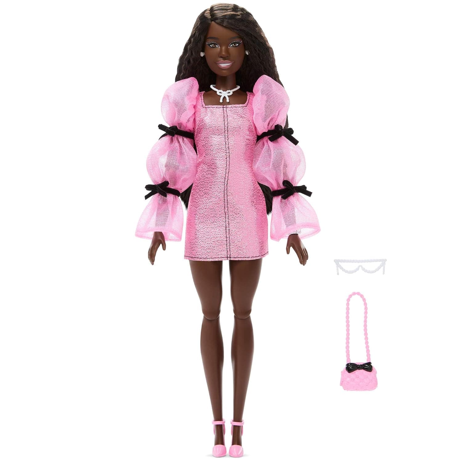 Barbie Deluxe Style Doll | with Long Puffed Sleeves and Black Bows, Brown Hair, Pearl Accessories, Purse