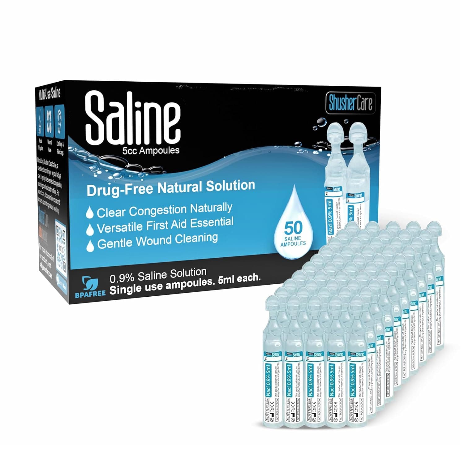 Saline Ampoules Saline Solution, Sodium Chloride 0.9%, 50 Count (5mL Each) | Nasal Cleanse for Babies, Kids, & Adults, Sterile Nasal Care, Wound Cleansing