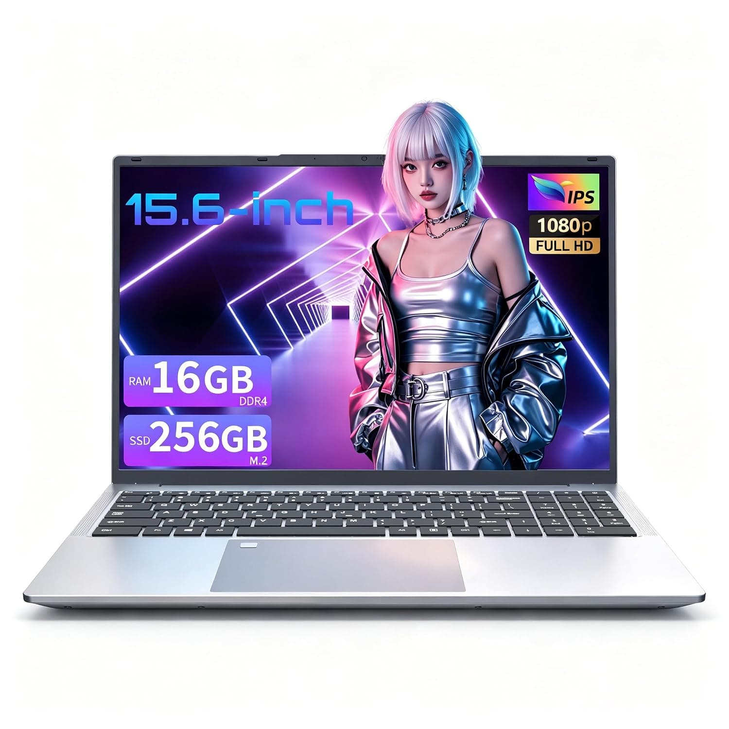 15.6" Laptop Computer, 3050E Dual-Core, 8GB RAM, 256GB SSD, IPS 1080P Display, Backlit Keyboard with Fingerprint, Lightweight Portable Notebook for Work & Study (8GB RAM | 256GB SSD)