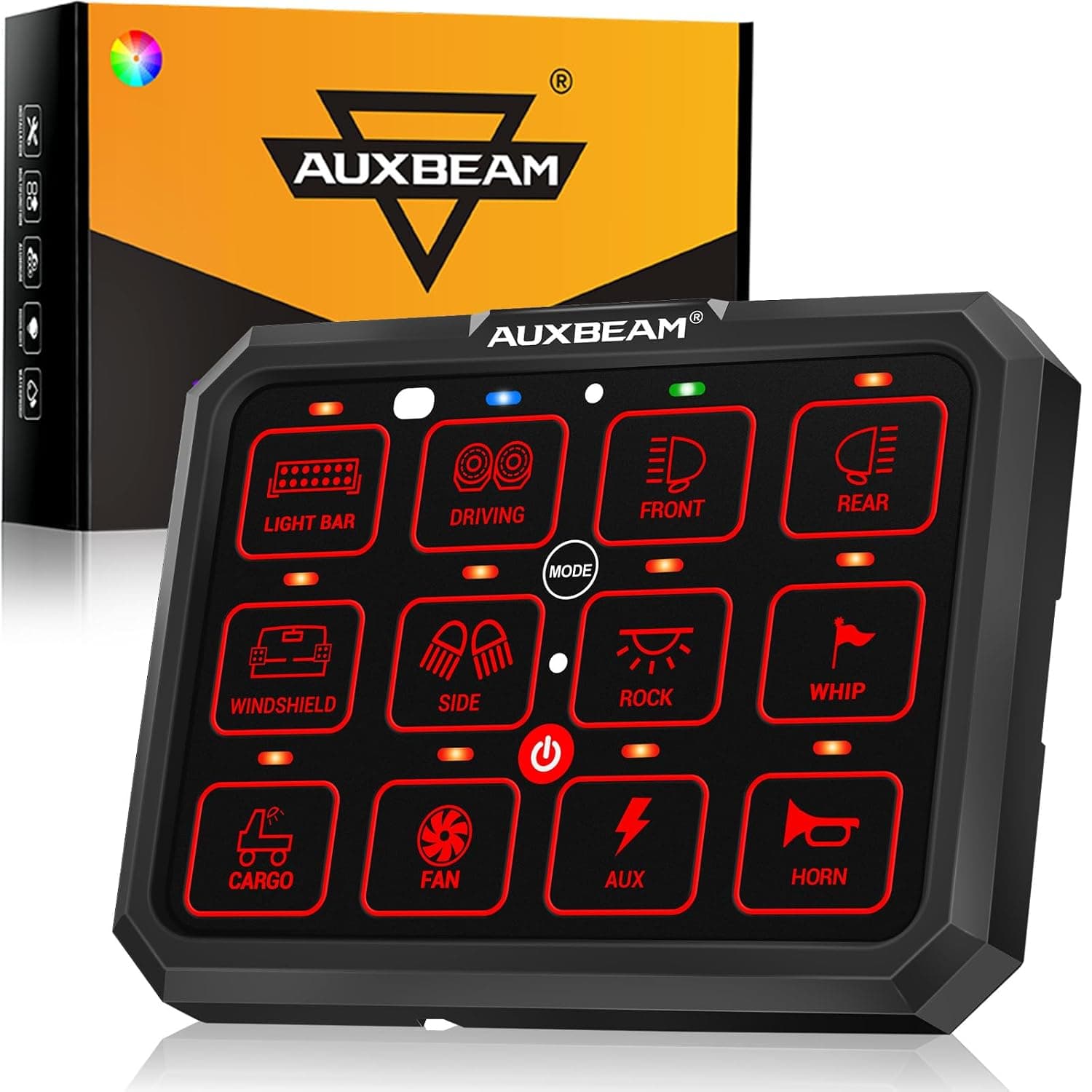 Auxbeam 12 Gang Switch Panel RB120 Toggle Momentary Pulsed RGB Dimmable | Works with 12V‑24V DC accessories (1200W‑2400W,100A max), two-sided output,easy install, IP65 waterproof, fits most vehicles.