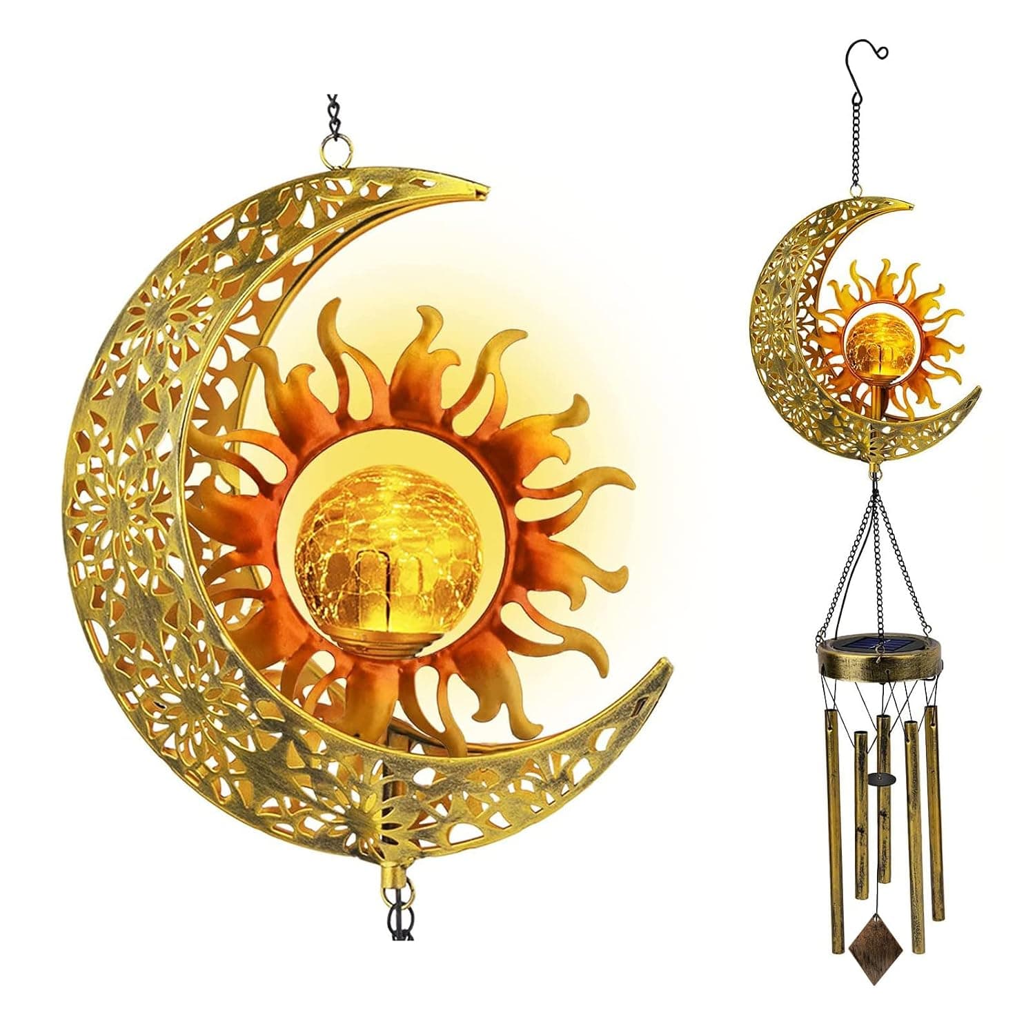 Fawoonu Sun Moon Solar Wind Chime Outdoor Cracked Glass Ball Waterproof Wind Chime Outdoor Clearance Dark Tone Garden Decoration