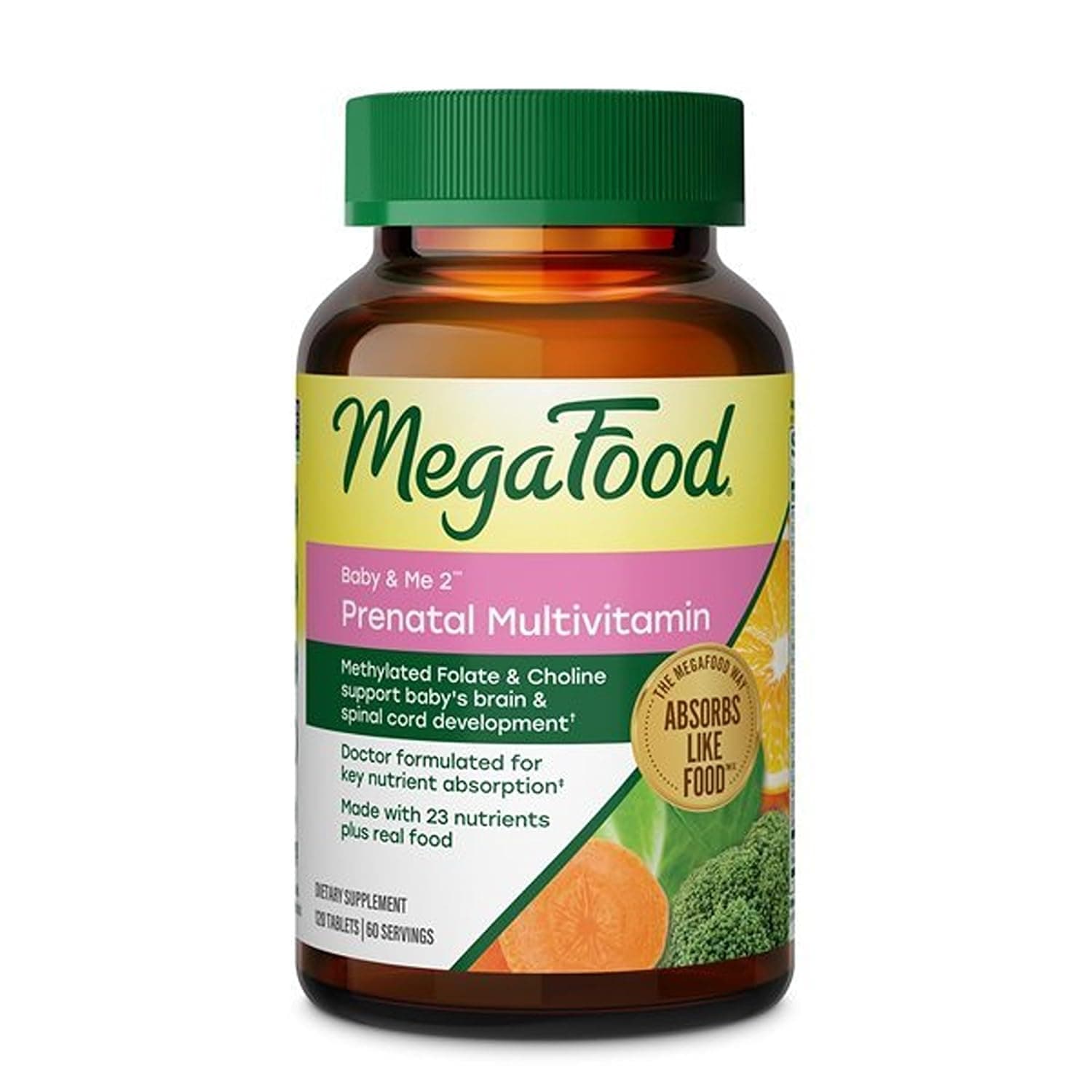 MegaFood, Baby & Me 2, 120 Tablets | Prenatal Vitamins for Women with Methylfolate, Choline, Iron, Iodine, Vitamin C & D3, Non-GMO, Vegetarian, 60 Servings