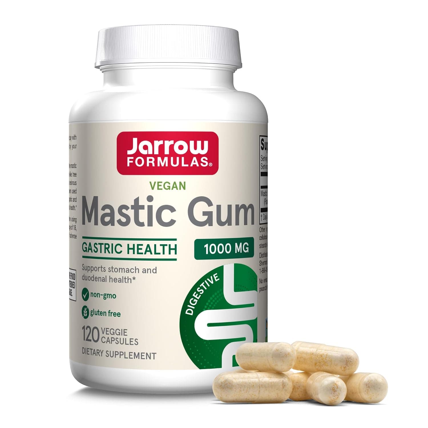 Jarrow Formulas Mastic Gum 1000 mg - 120 Veggie Caps - Natural Formula Supporting Stomach, Duodenal & Oral Health - Dietary Supplement - 60 Servings | Supporting Stomach & Duodenal Health, Phosphatidylserine Supplement, Brain Health Support, Non-GMO, Gluten-Free, 60 Servings