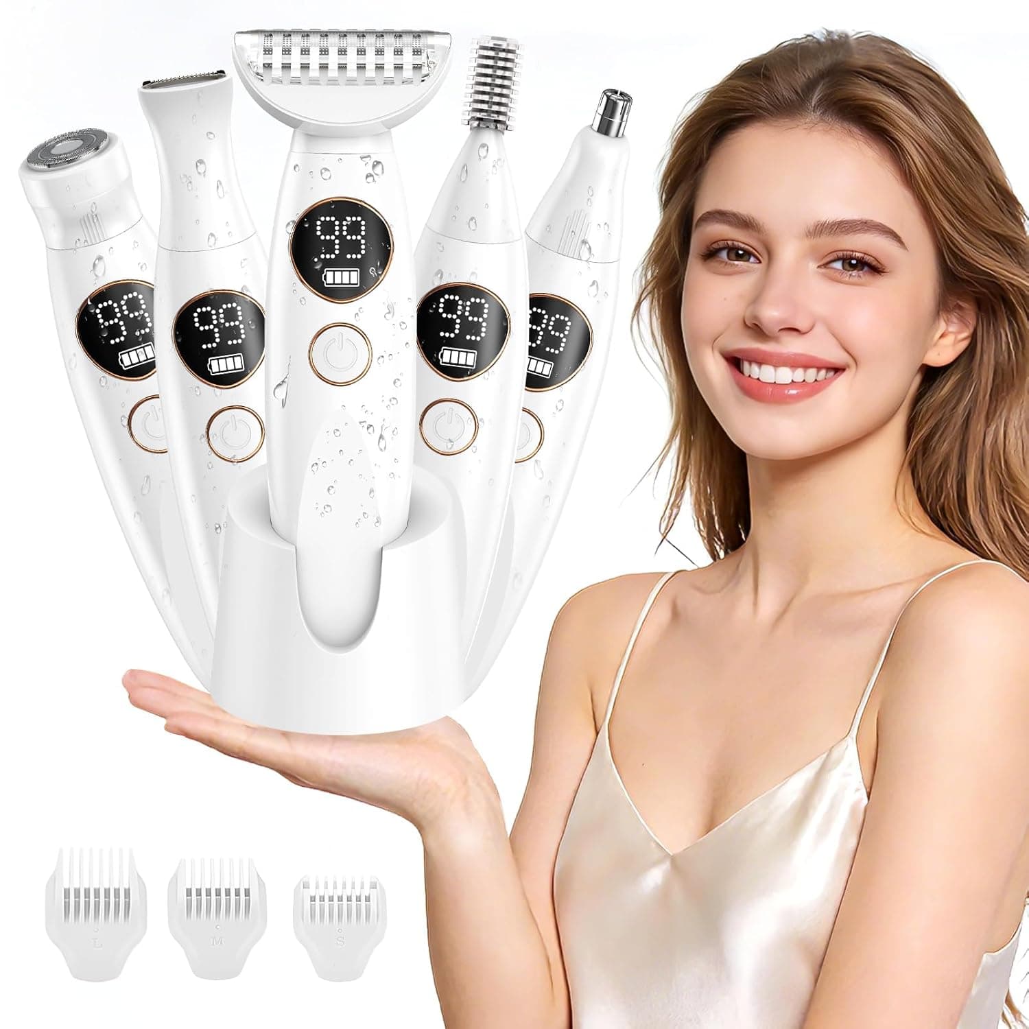 ماكينة حلاقة كهربائية 5 في 1 للنساء، ماكينة حلاقة رطبة وجافة، ماكينة تشذيب بيكيني مقاومة للماء مع قاعدة شحن، ماكينة حلاقة للنساء للساقين والذراعين والابطين والوجه، ماكينة حلاقة حميمة للنساء