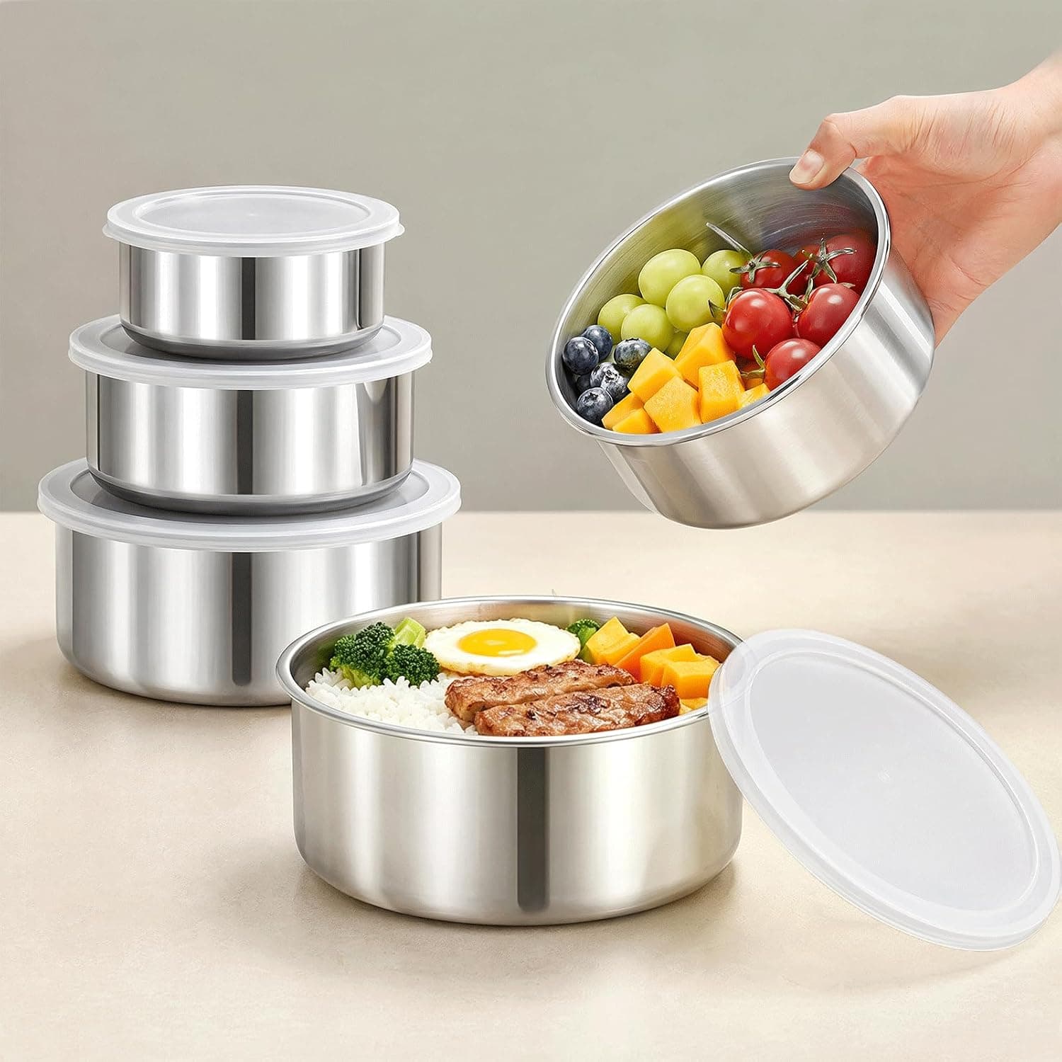 5 Packs Food Storage Containers Set with Lids, Stainless Steel Food Storage Bowls for Kitchen Pantry Refrigerator, Silver