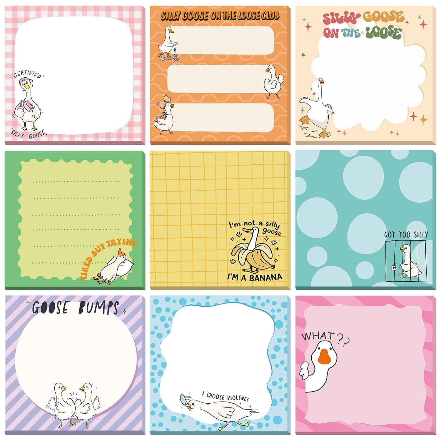 9 Pads Goose Sticky Notes, 3x3 Inch Cute Stick Notepads
