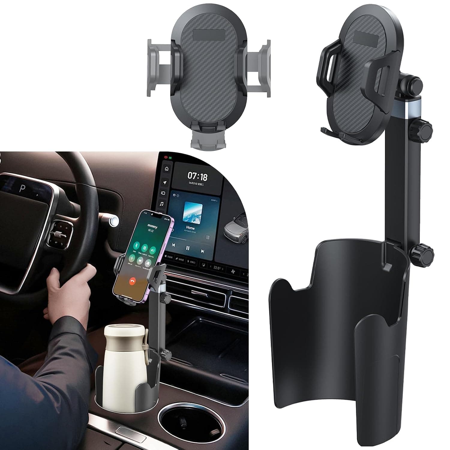 Adjustable Clamp Car Cup Holder Phone Mount, 2 in 1 with Precision Height Adjustment Universal Manual Phone Holder for Car Cup Holder Cup Holder Expander for Most Vehicles Fits SmartPhones Truck SUV