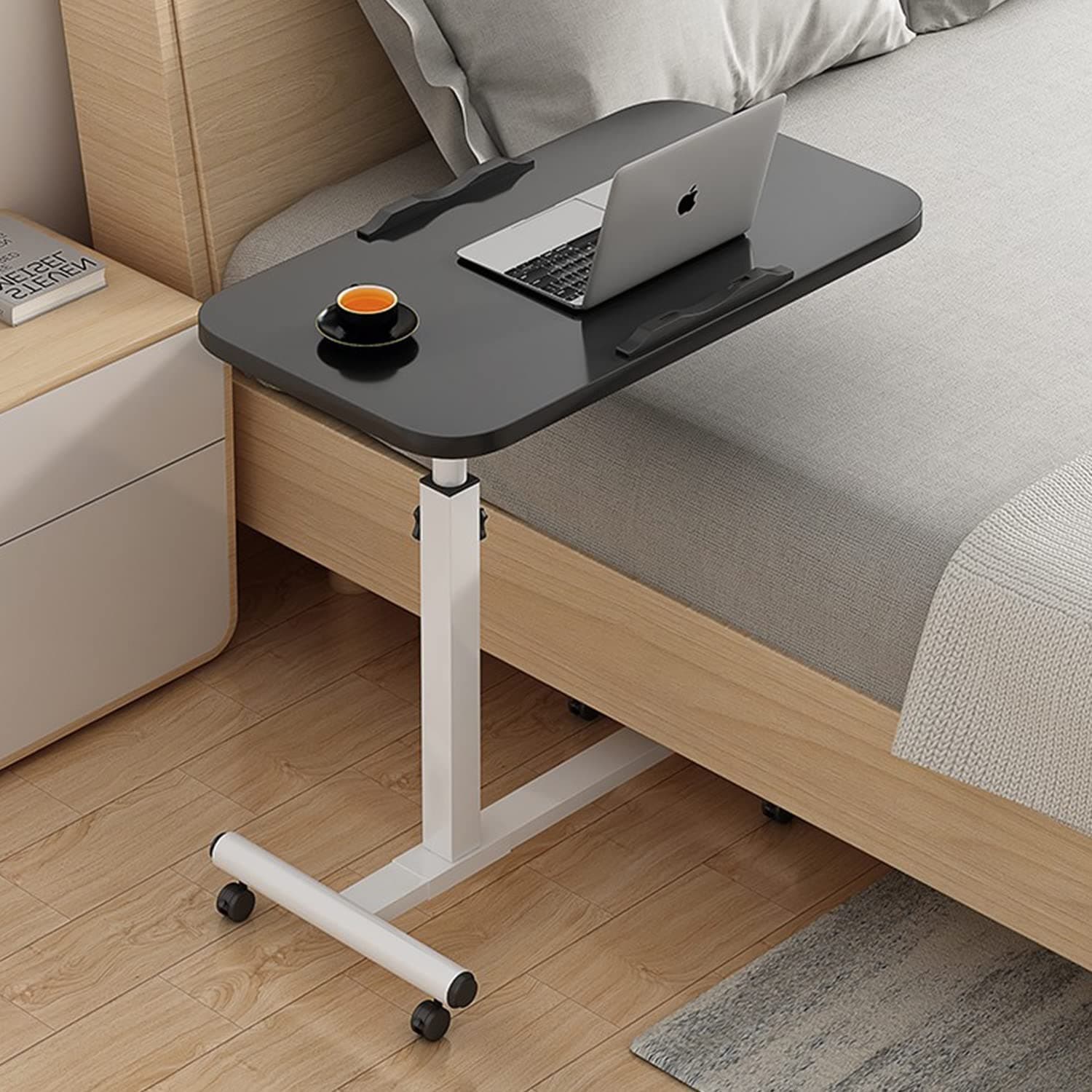 Overbed Bedside Table with Wheels, Rolling Laptop Table, Hospital Tray Table Sofa Chair Side Table, Height and Angel Adjustable for Reading, Eating Breakfast