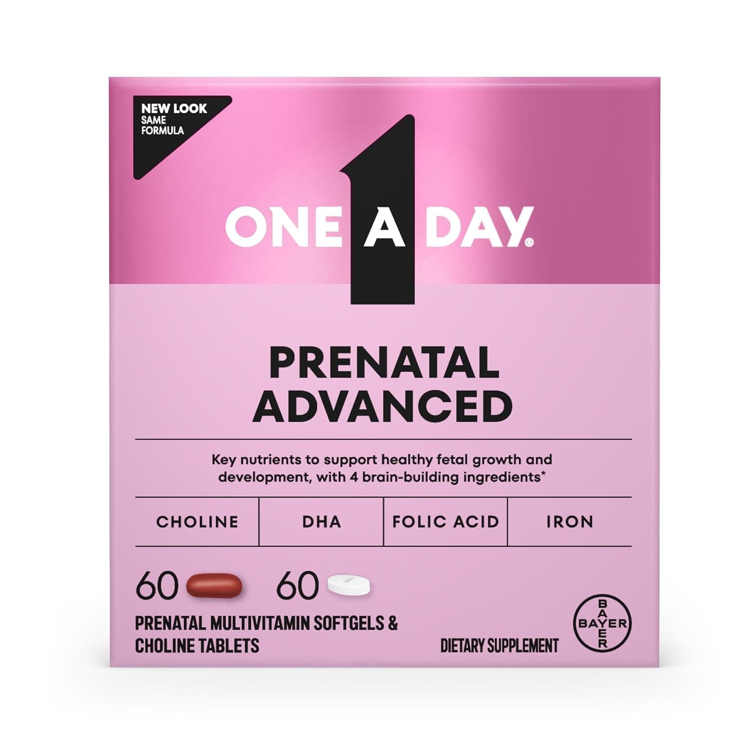 One A Day Women’s Prenatal Advanced Complete Multivitamin with Brain Support* with Choline, Folic Acid, Omega-3 DHA & Iron for Pre, During and Post Pregnancy, 60+60 Count (120 Count Total Set)