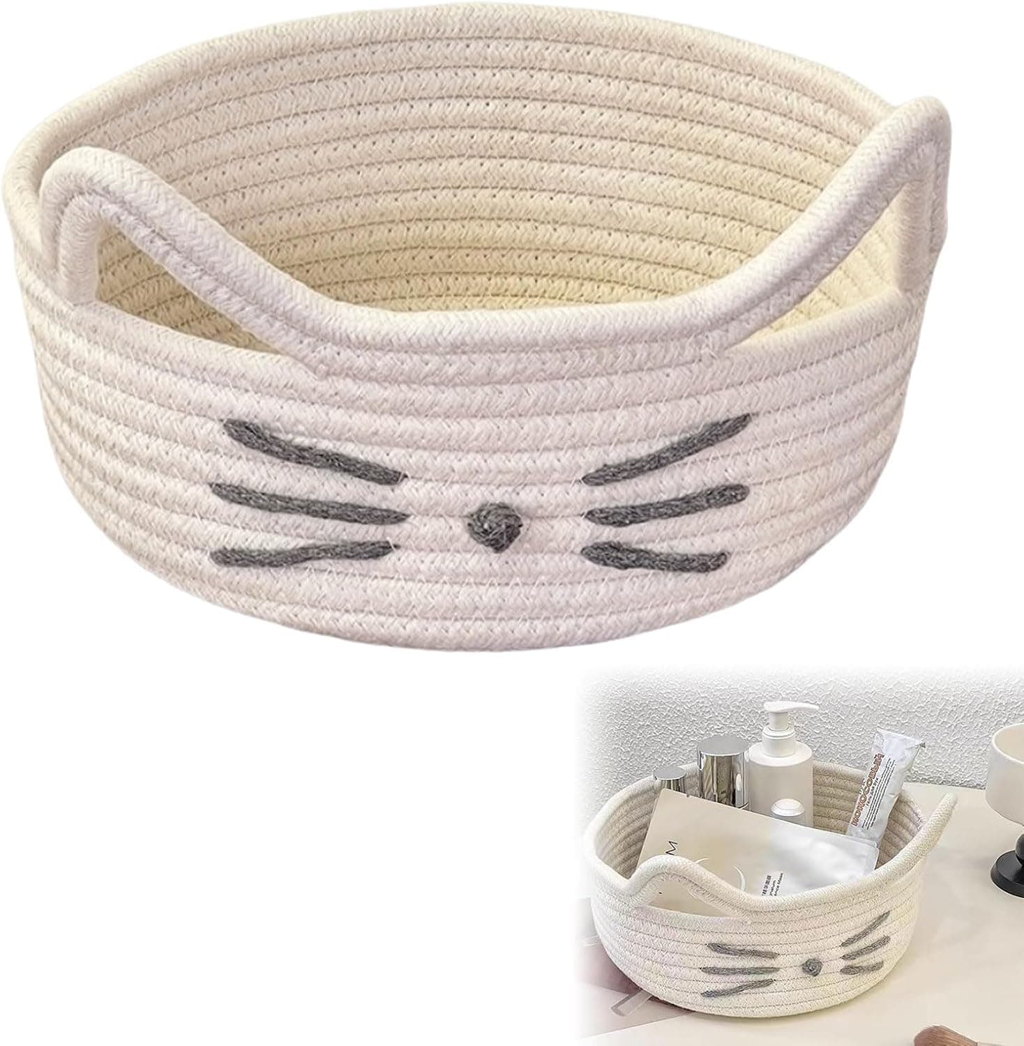 Small Woven Cotton Rope Storage Basket with Cute Cat Pattern for Kids, Books, Desk Organizer, Nursery & Bathroom Decor, Handmade Multi-Purpose Decorative Bin - 23x10CM