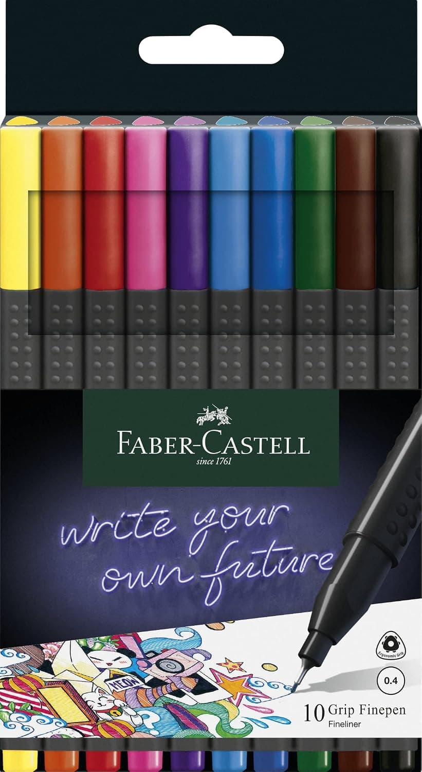 Faber Castell Grip Fineliner Pen 10-Piece Set, Multicolor | Ergonomic triangular shape with grip zone for precise drawing