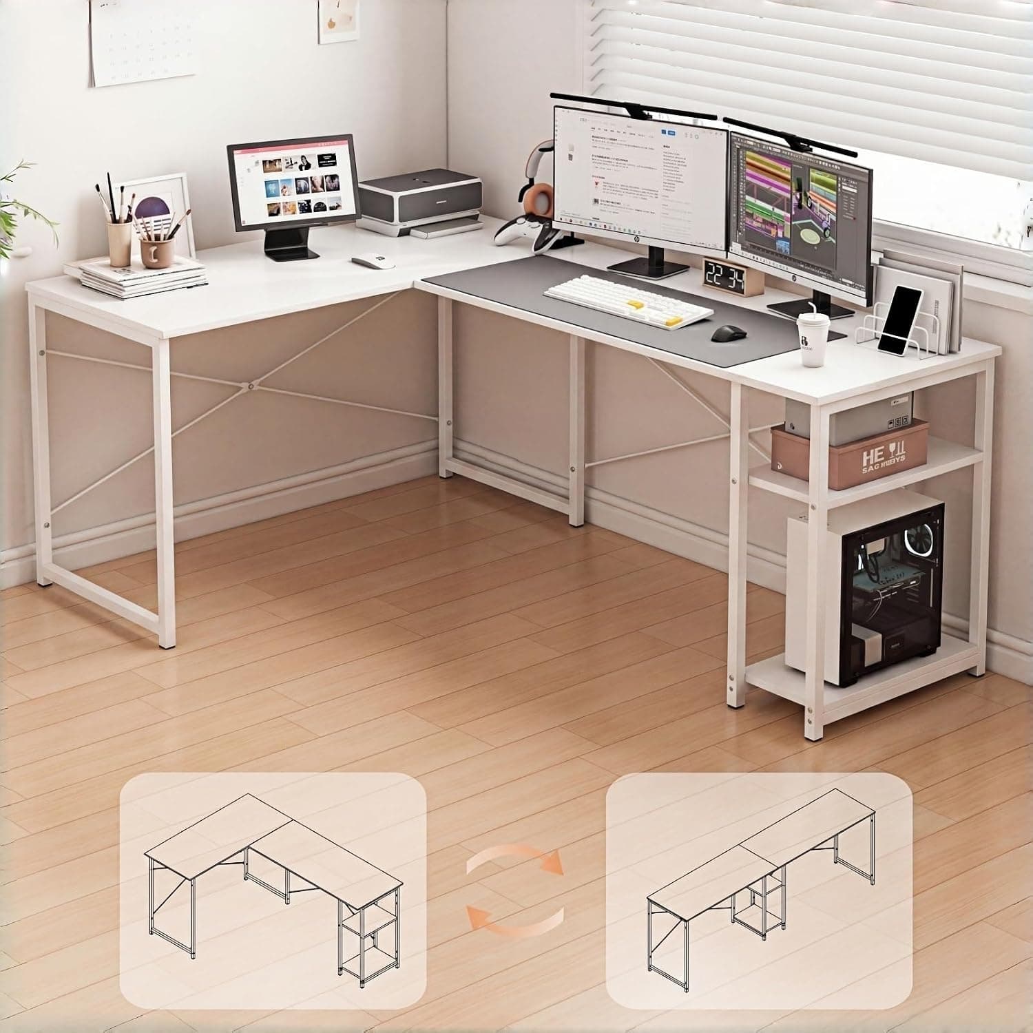 L-Shaped Desk Computer Corner Table Study Desk Home Office Workstation Modern Simple Style Writing Desk Table White