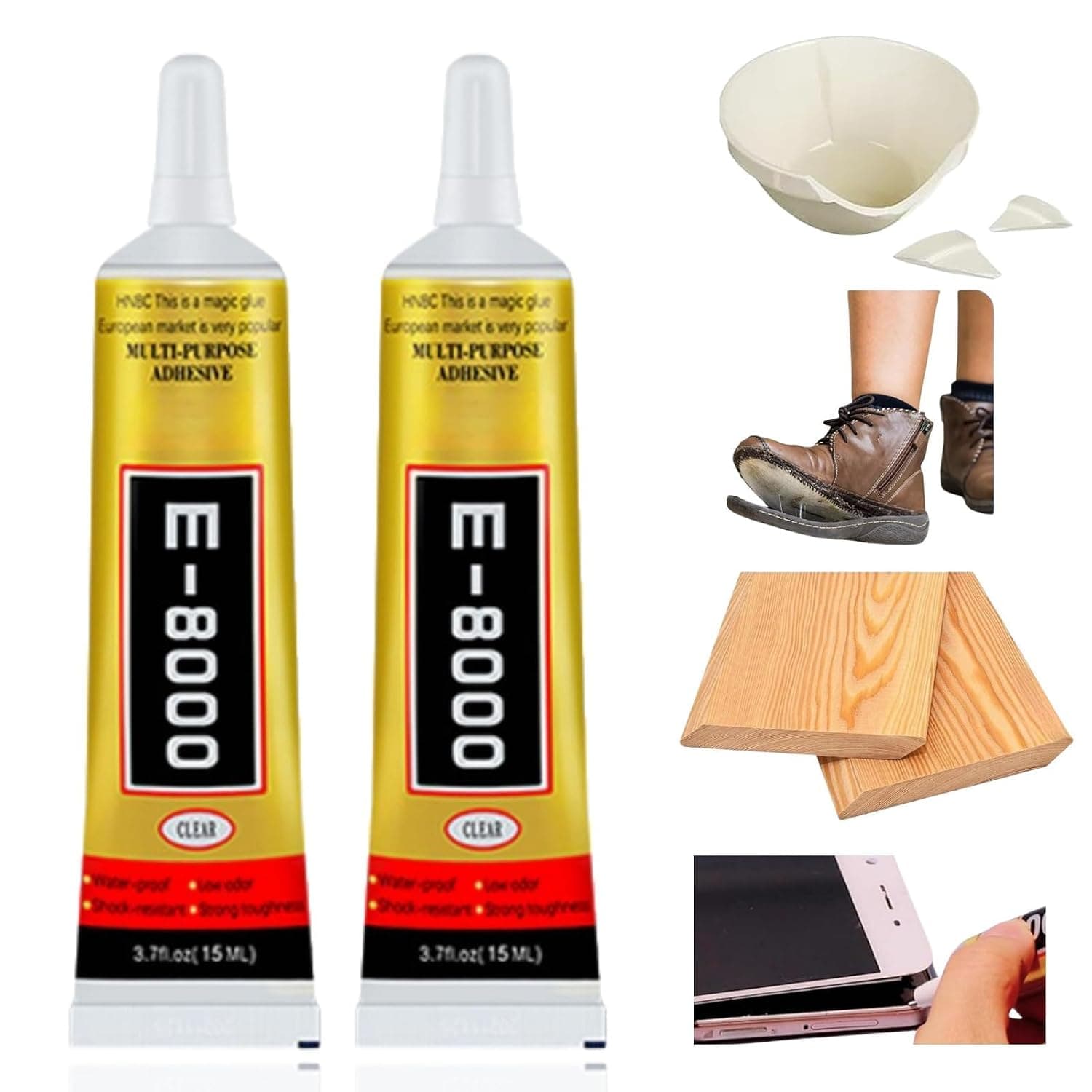 2PCS E8000 Super Glue 15ML, Multi-Purpose Waterproof Adhesive for Phone Repair, Jewelry, Leather, Plastic, Ceramic, and DIY Craft Projects