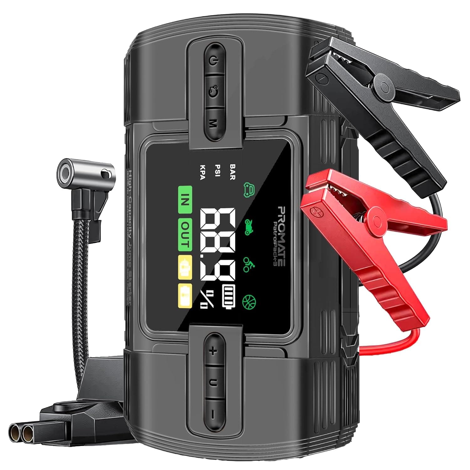 Promate 4-in-1 Portable Car Jump Starter, 150PSI Air Compressor, 12000mAh Power Bank with USB-A & QC 3.0 Ports, TMPS, LED Light, SOS Function, 160W Output, PatrolPack-3