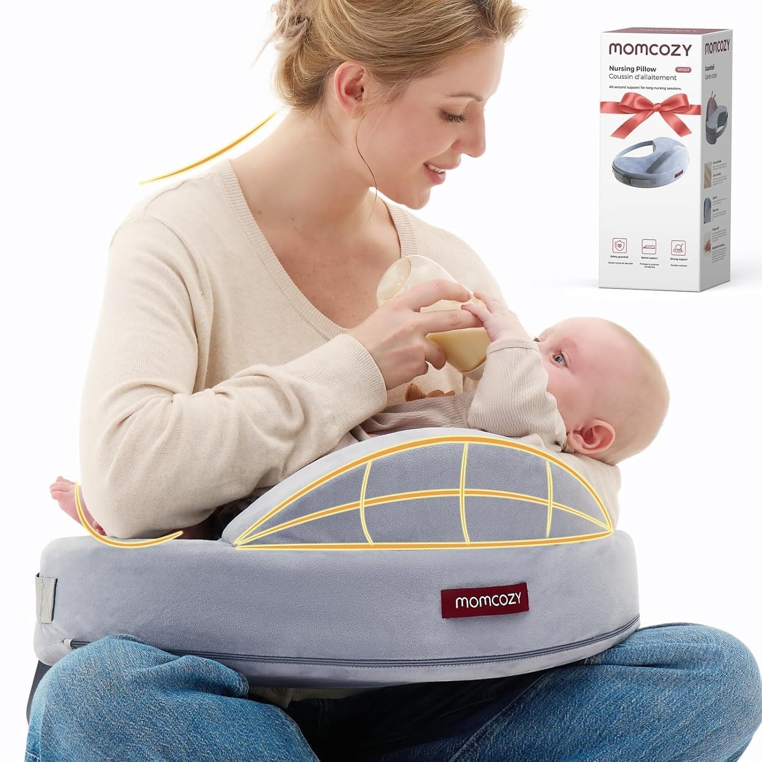 Momcozy Cozylite Nursing Pillow for Breastfeeding - Supportive Memory Foam | Innovative Safety Guard, Adjustable Waist Strap for All Body Types, 28% Wider Surface, Soft Removable Cover, Mom Comfort